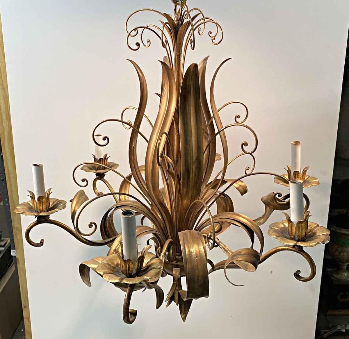 Gilt 2000s Rococo Italian Floral Chandelier with Gold Leaf Filigree, Six-Light