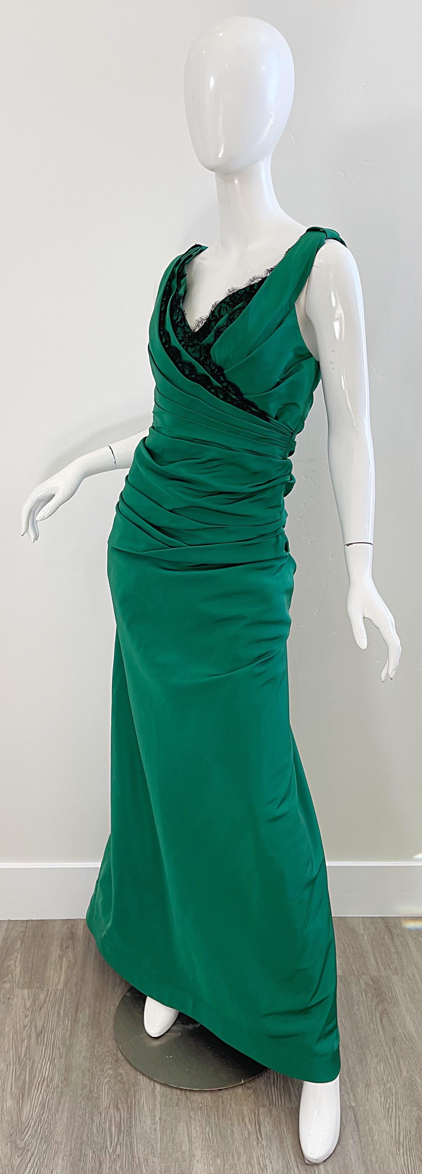 1990s Roland Nivelais Size 10 Kelly Green + Black Silk Taffeta Vintage 90s Gown In Excellent Condition For Sale In San Diego, CA
