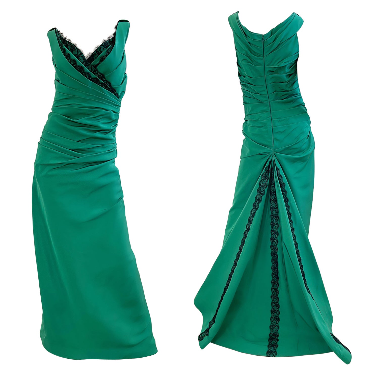1990 Roland Nivelais Taille 10 Kelly Green + Black Silk Taffeta Vintage 90s Gown
