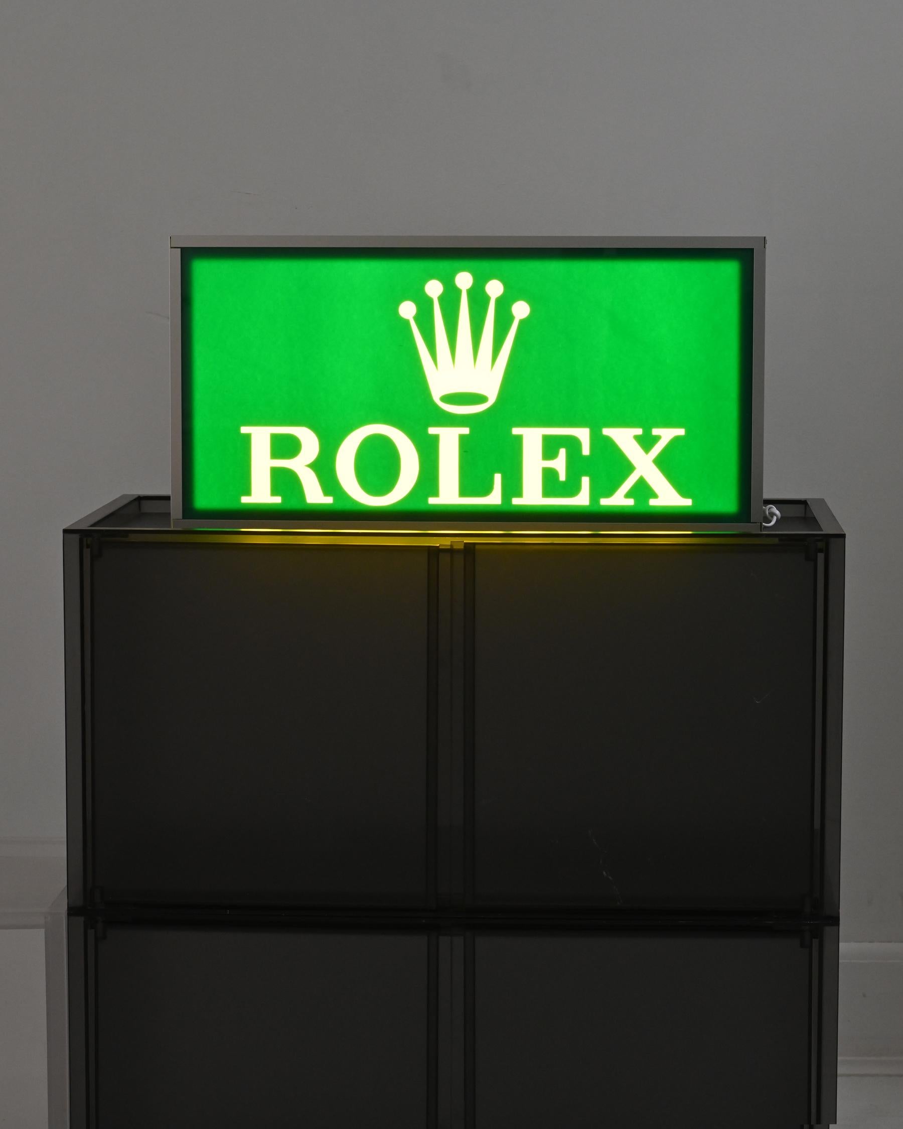 Stainless Steel 1990s ROLEX Advertising Signage with Yellow Lighting