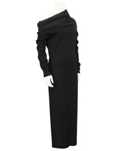 1990 Romeo Gigli Vestido Body Con de Jersey de Lana Negro con Cuello de Gasa