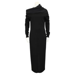 1990's Romeo Gigli Black Wool Jersey Body Con Dress with Chiffon Collar