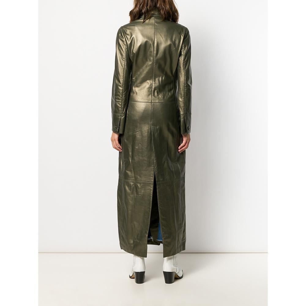 Black 1990s Romeo Gigli gold-tone khaki leather long coat For Sale