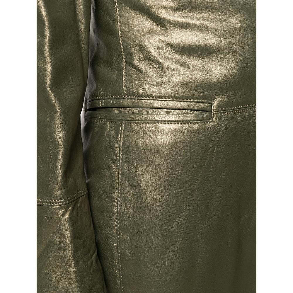 1990s Romeo Gigli gold-tone khaki leather long coat For Sale 1