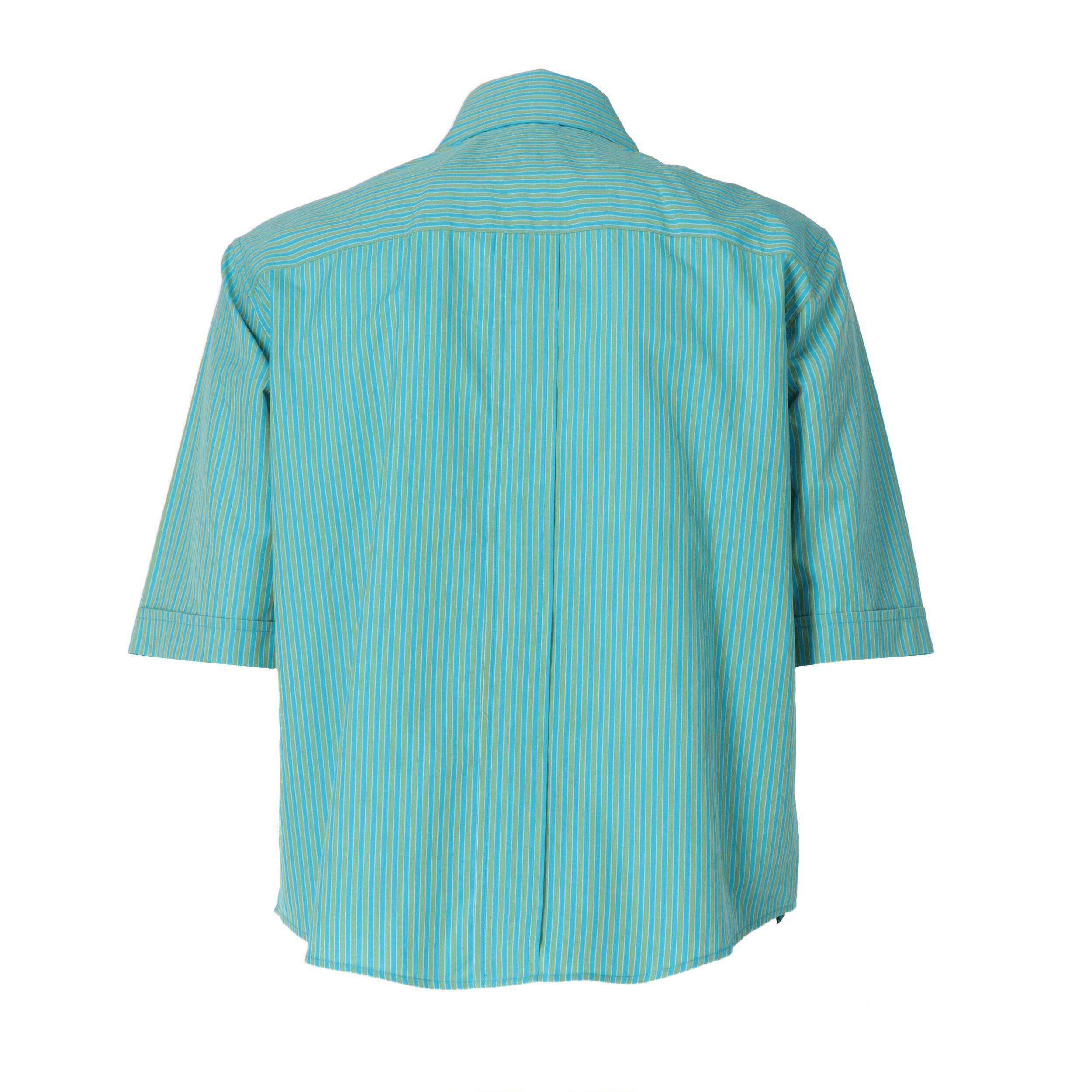 Blue 1990s Romeo Gigli light blue and green striped cotton shirt For Sale