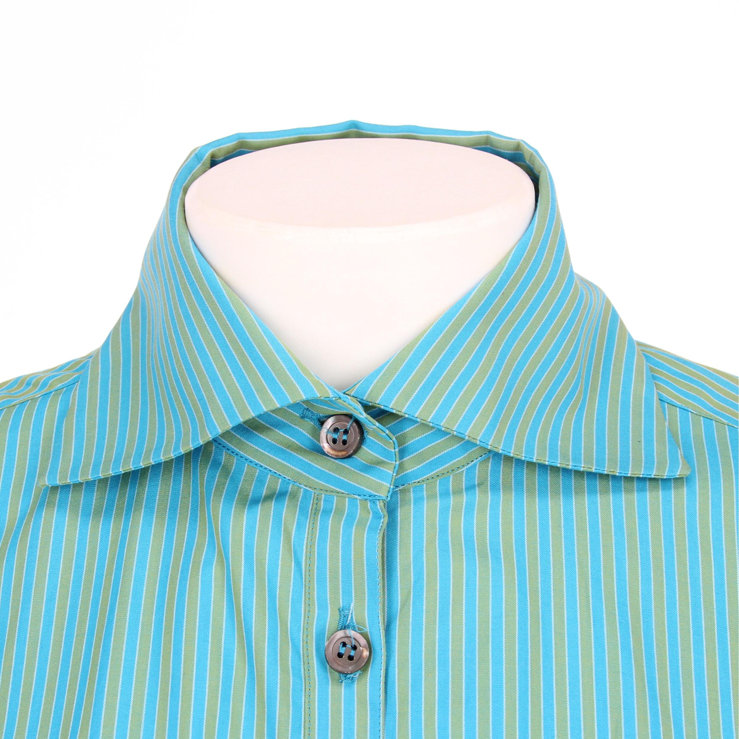 1990s Romeo Gigli light blue and green striped cotton shirt For Sale 2
