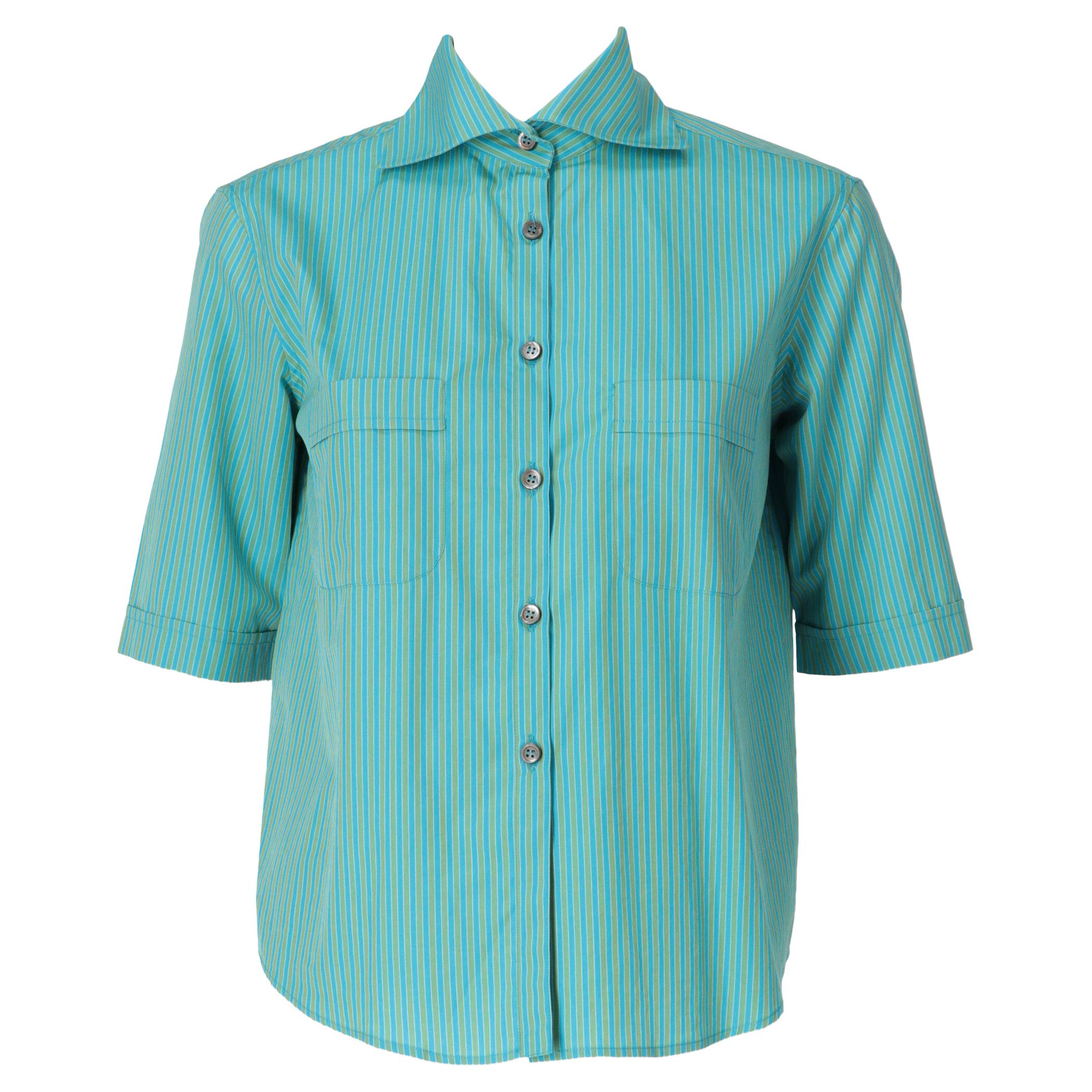 1990s Romeo Gigli light blue and green striped cotton shirt For Sale