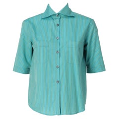 1990s Romeo Gigli light blue and green striped cotton shirt