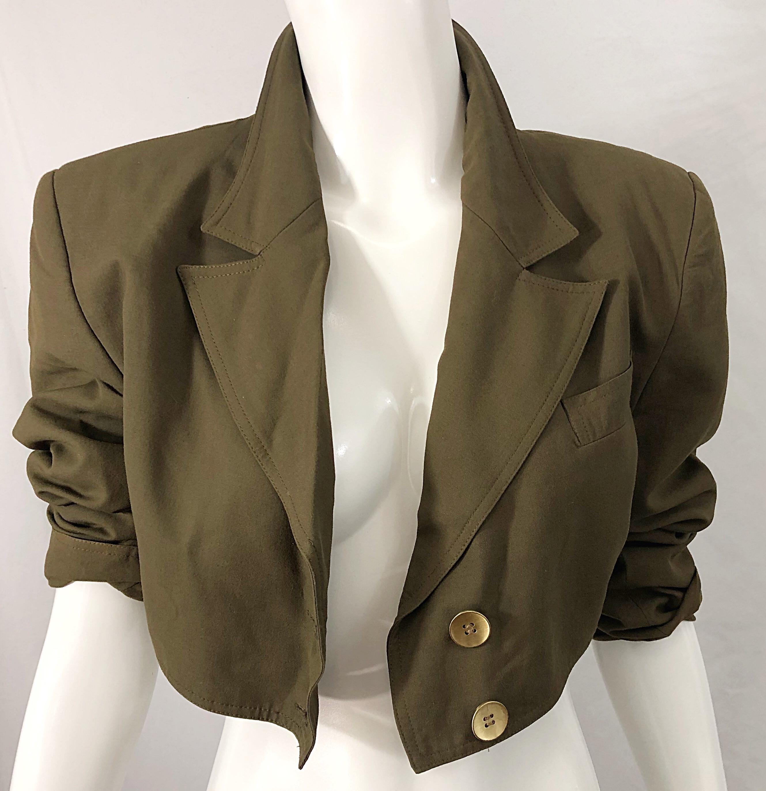 1990s Romeo Gigli Size 6 Army Green Rayon / Wool Vintage 90s Cropped Jacket For Sale 2