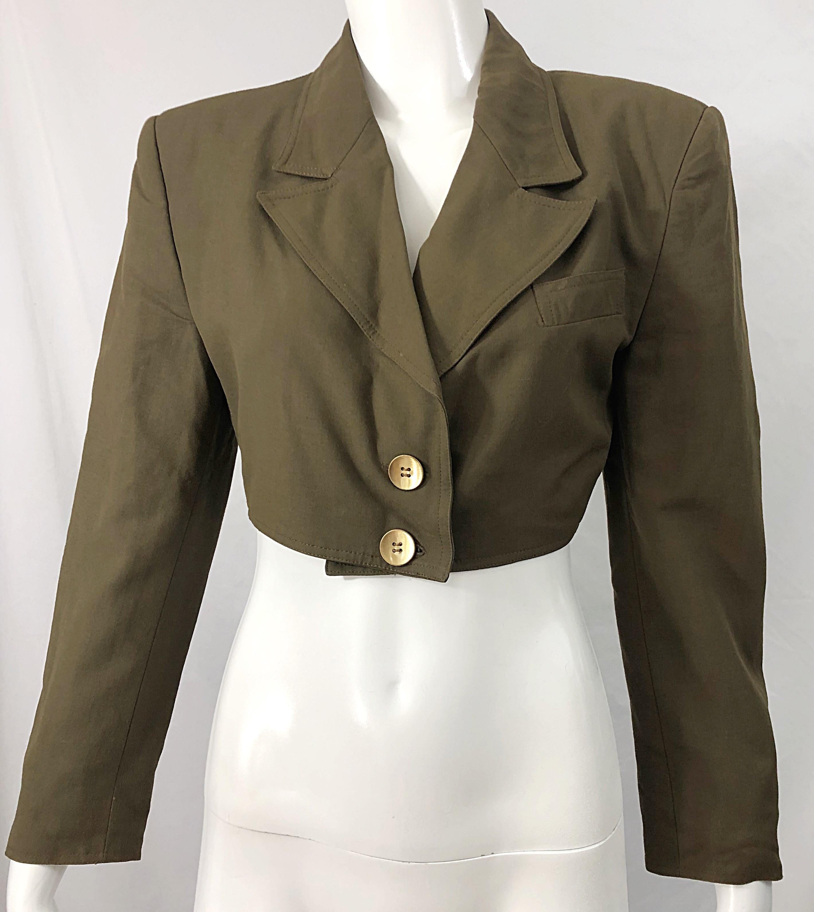 1990s Romeo Gigli Size 6 Army Green Rayon / Wool Vintage 90s Cropped Jacket For Sale 3