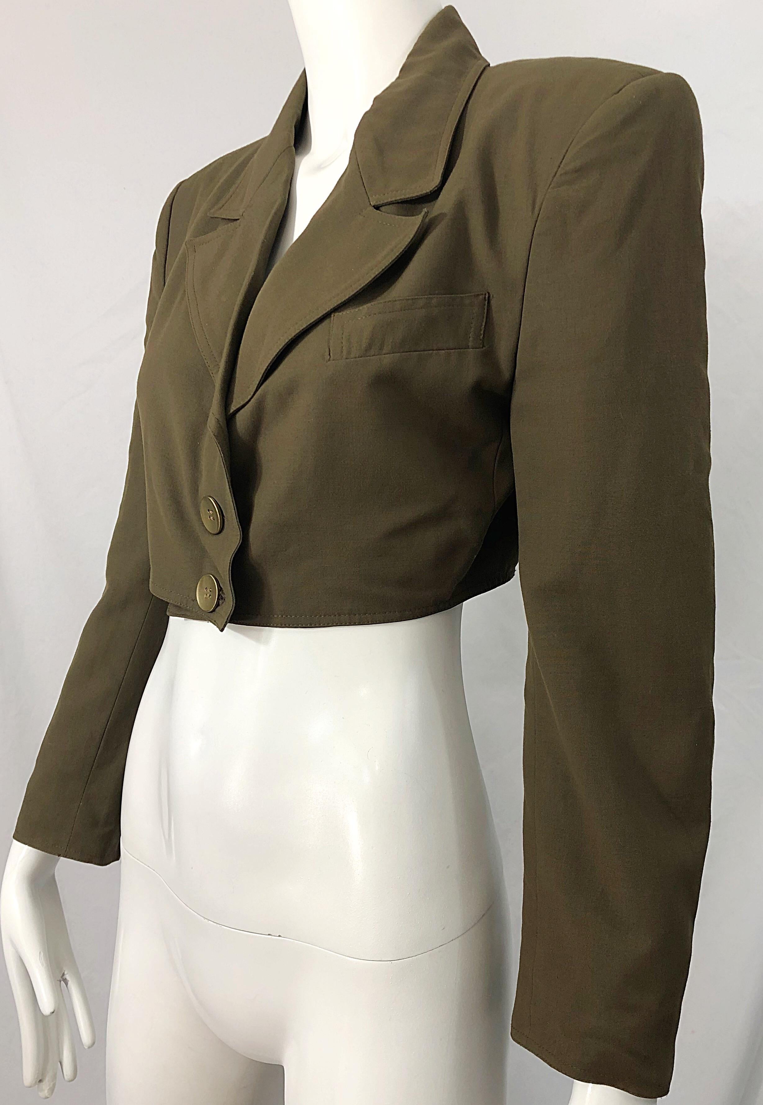 1990s Romeo Gigli Size 6 Army Green Rayon / Wool Vintage 90s Cropped Jacket For Sale 4