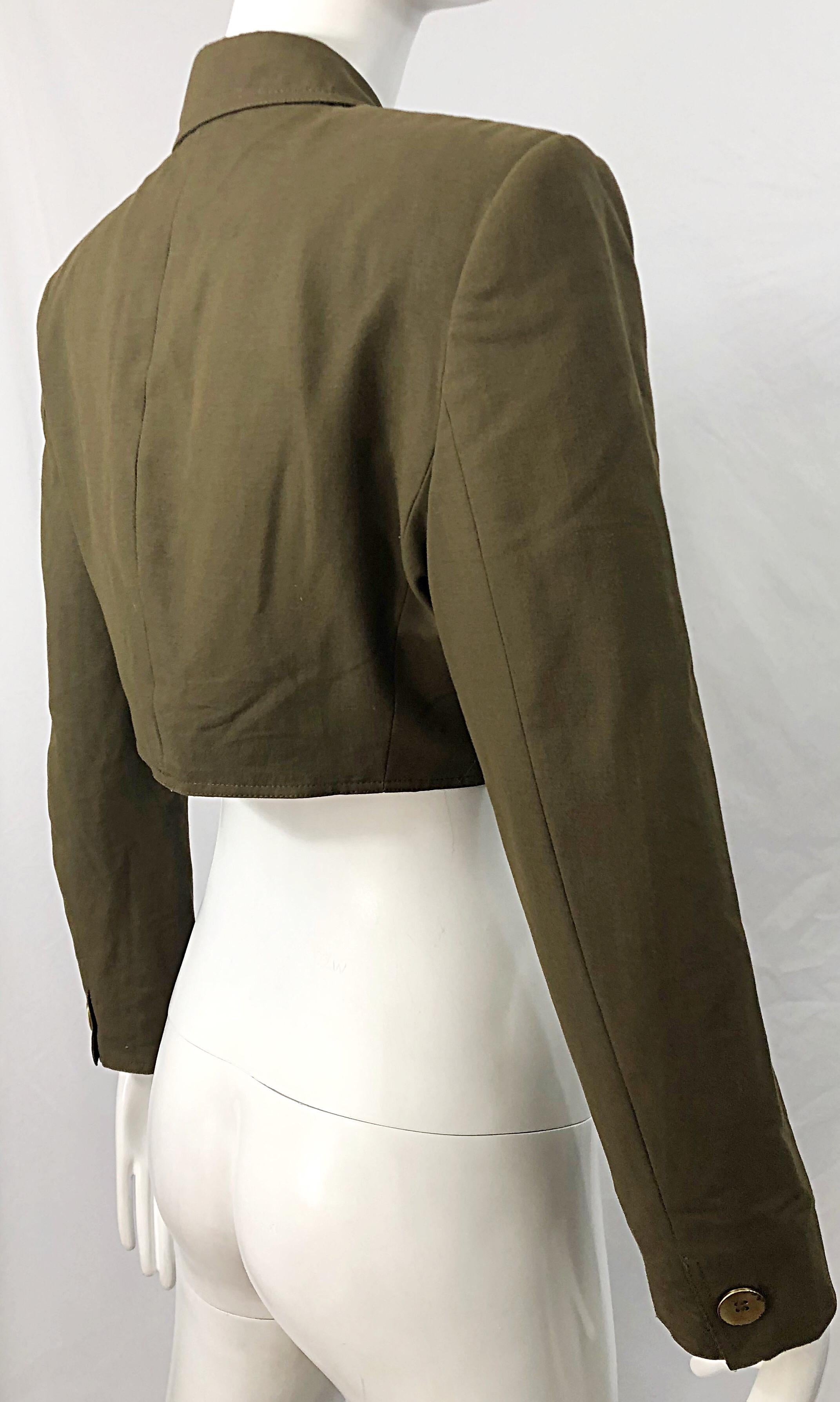 1990s Romeo Gigli Size 6 Army Green Rayon / Wool Vintage 90s Cropped Jacket For Sale 6