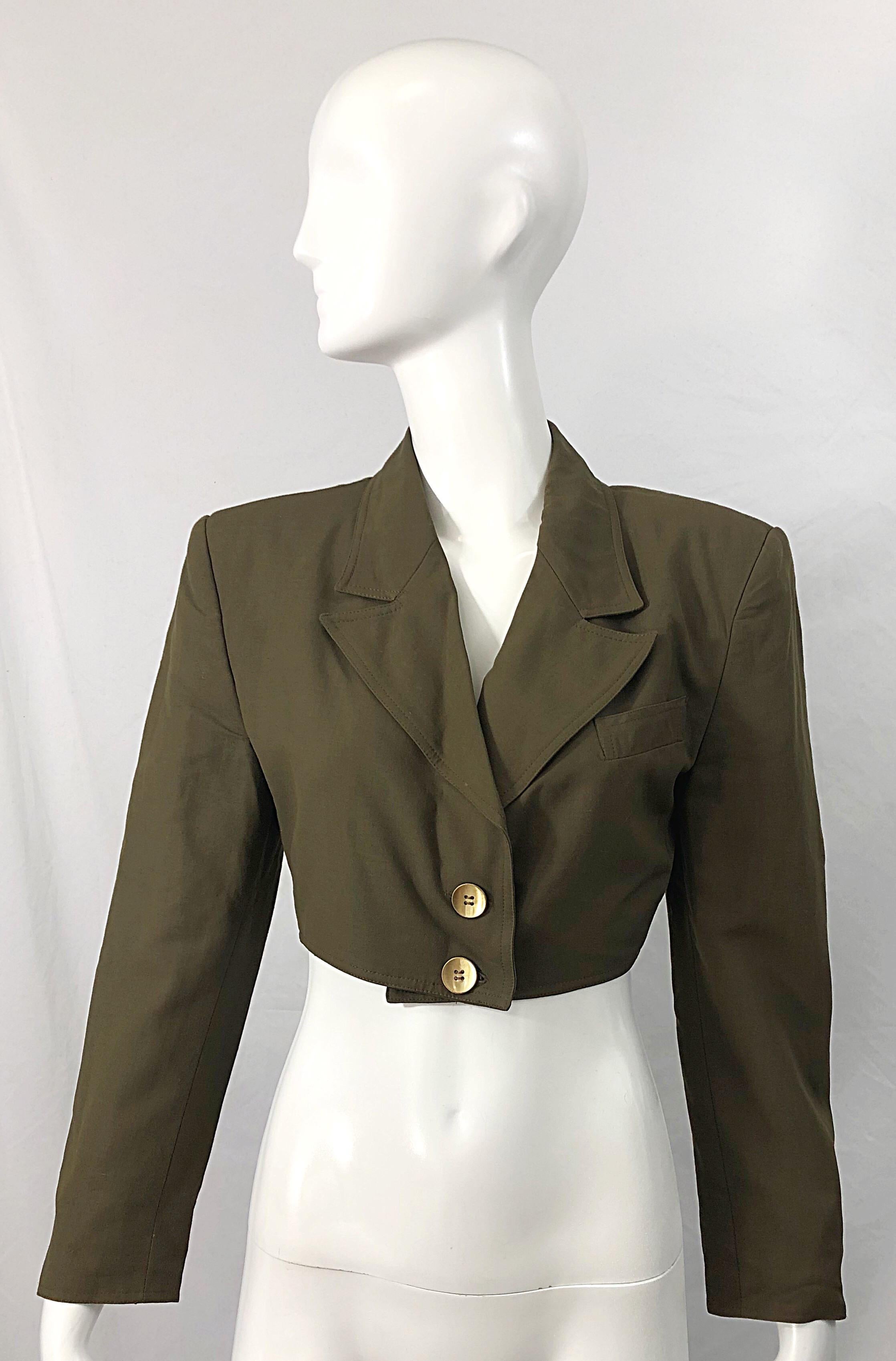 1990s Romeo Gigli Size 6 Army Green Rayon / Wool Vintage 90s Cropped Jacket For Sale 7