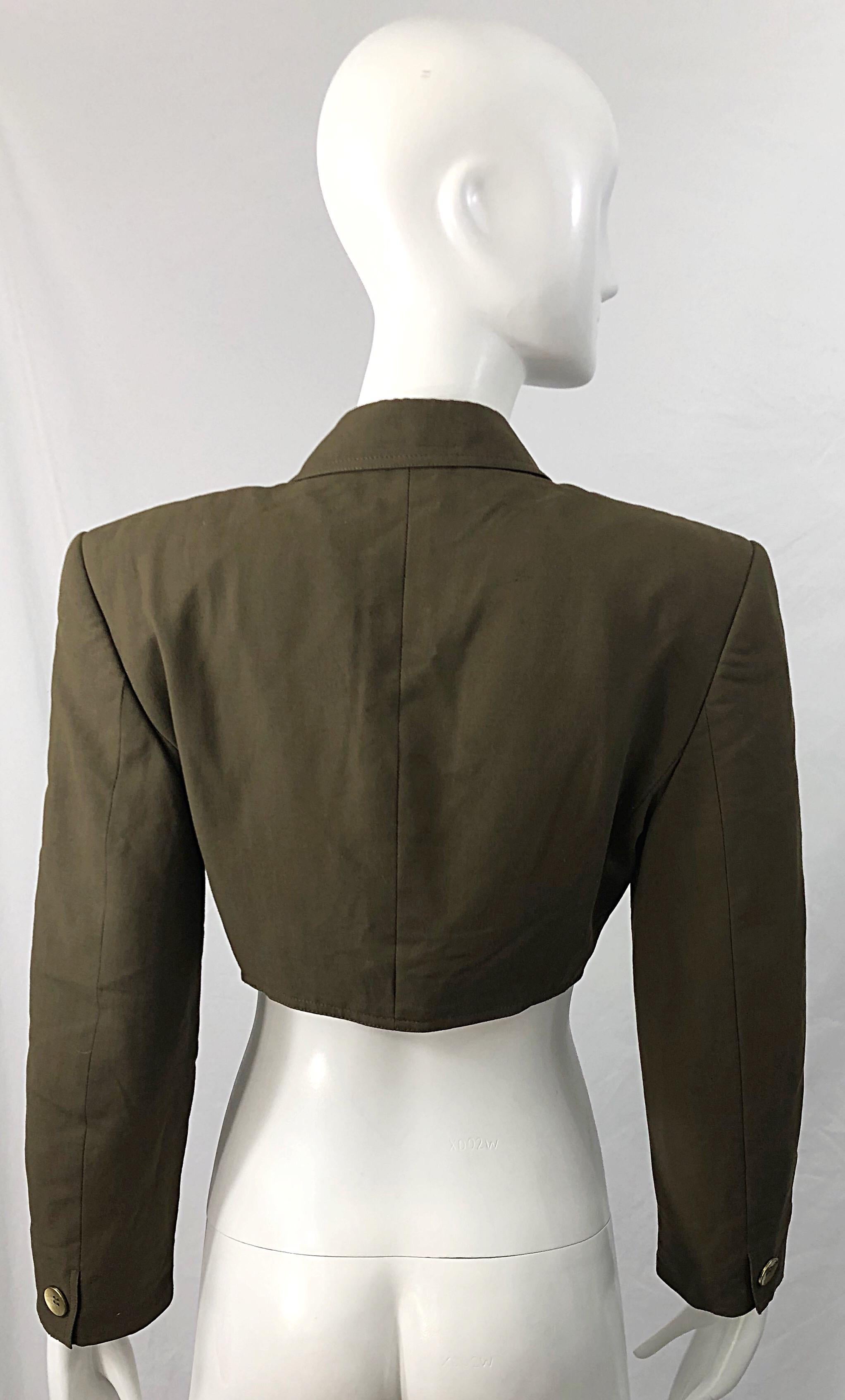 1990s Romeo Gigli Size 6 Army Green Rayon / Wool Vintage 90s Cropped Jacket For Sale 8