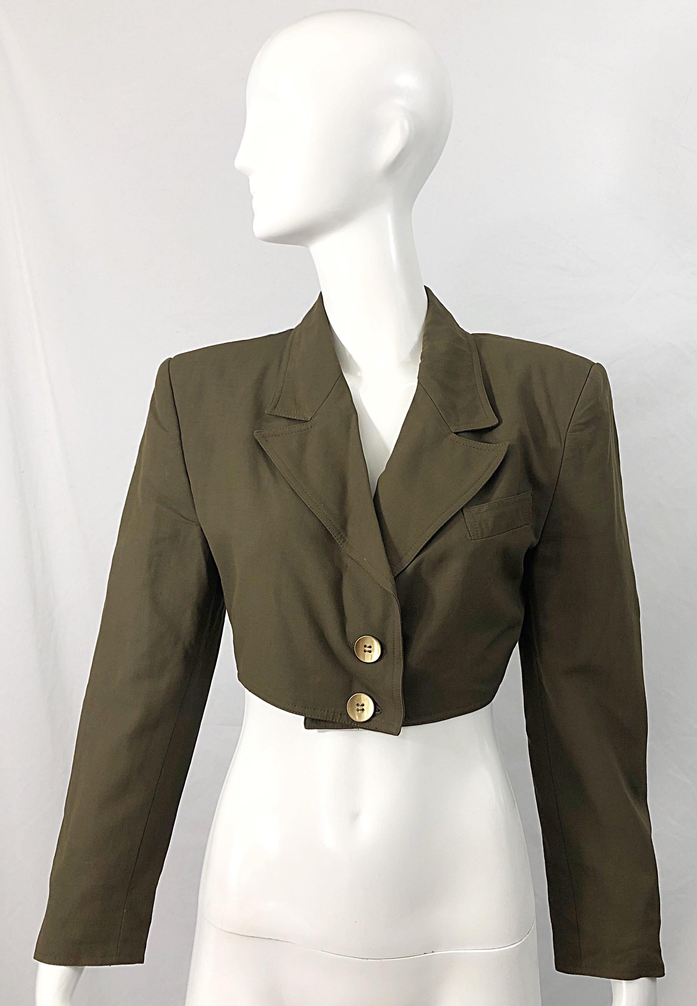 1990s Romeo Gigli Size 6 Army Green Rayon / Wool Vintage 90s Cropped Jacket For Sale 9