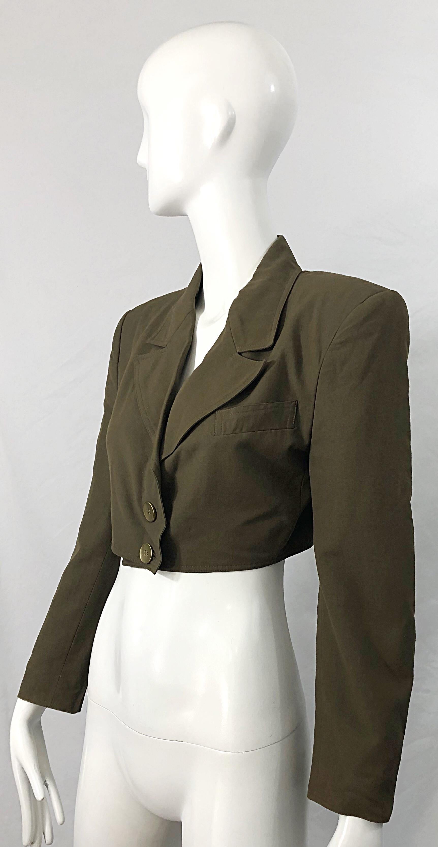 Black 1990s Romeo Gigli Size 6 Army Green Rayon / Wool Vintage 90s Cropped Jacket For Sale