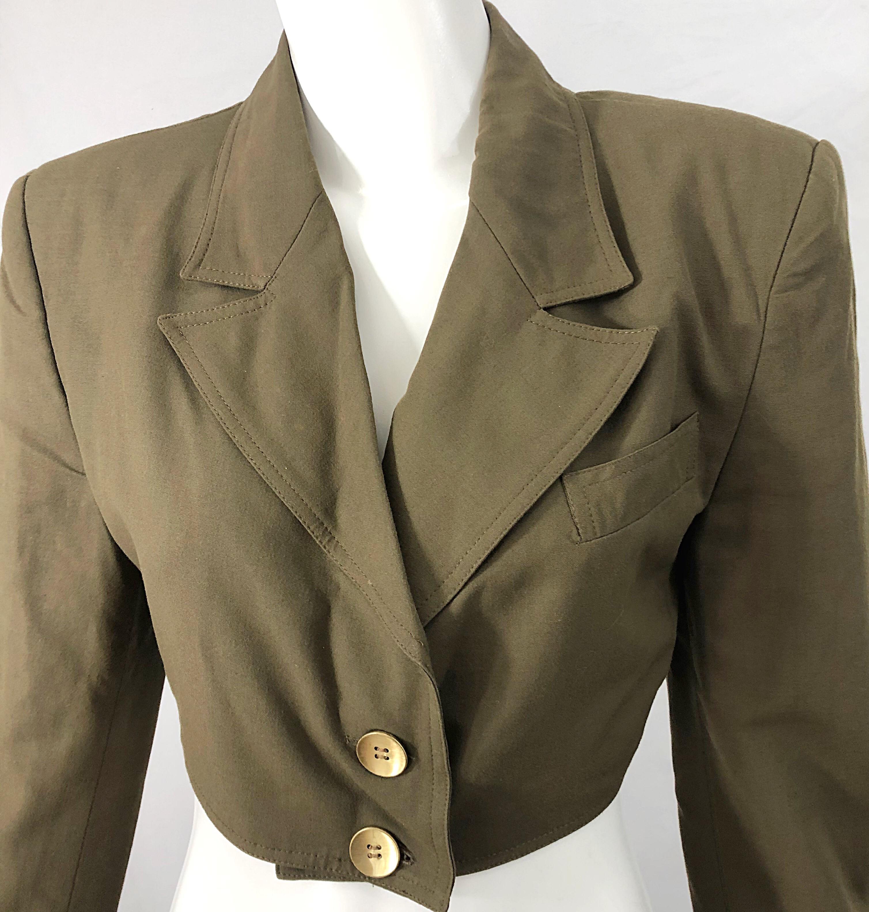 1990s Romeo Gigli Size 6 Army Green Rayon / Wool Vintage 90s Cropped Jacket In Excellent Condition For Sale In San Diego, CA
