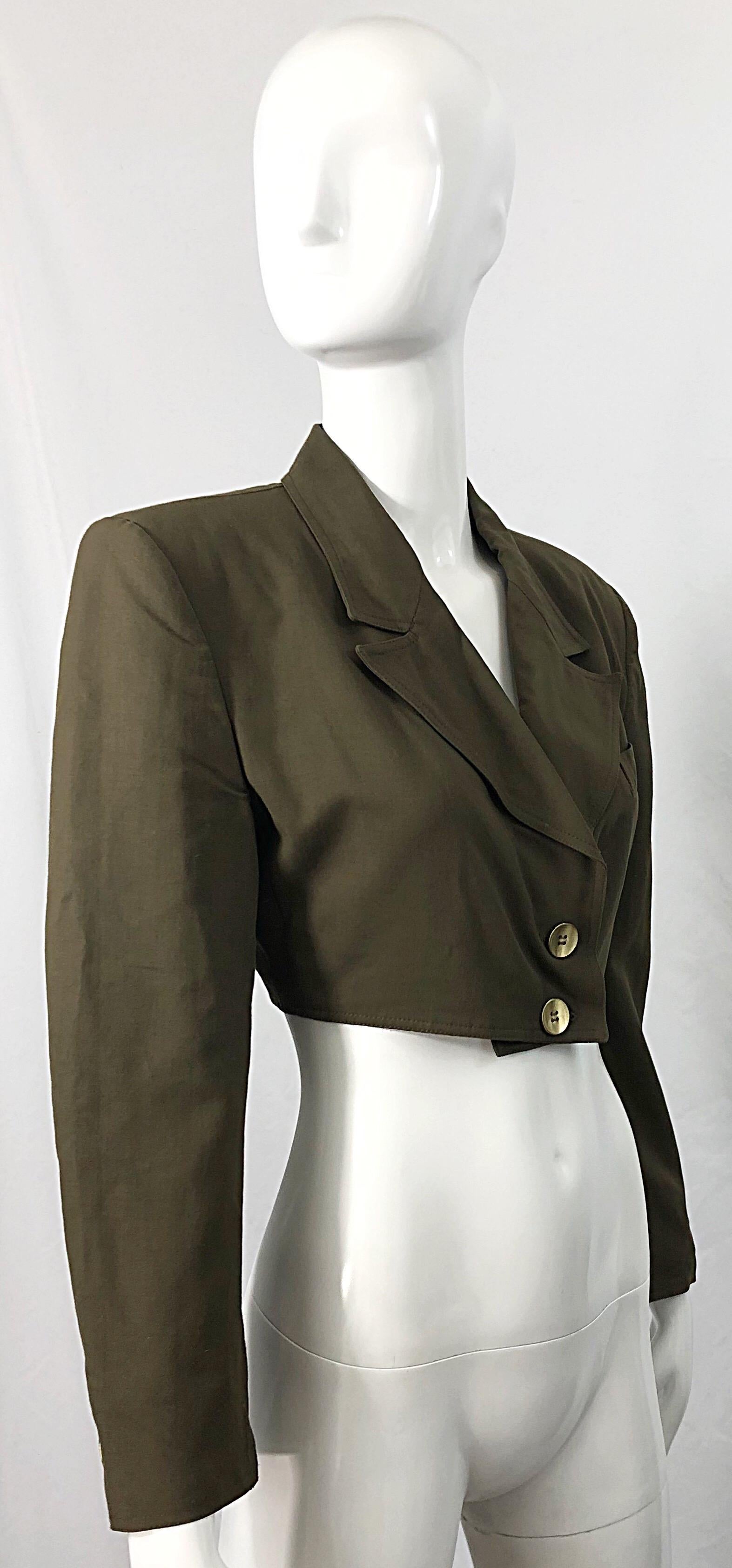 Women's 1990s Romeo Gigli Size 6 Army Green Rayon / Wool Vintage 90s Cropped Jacket For Sale