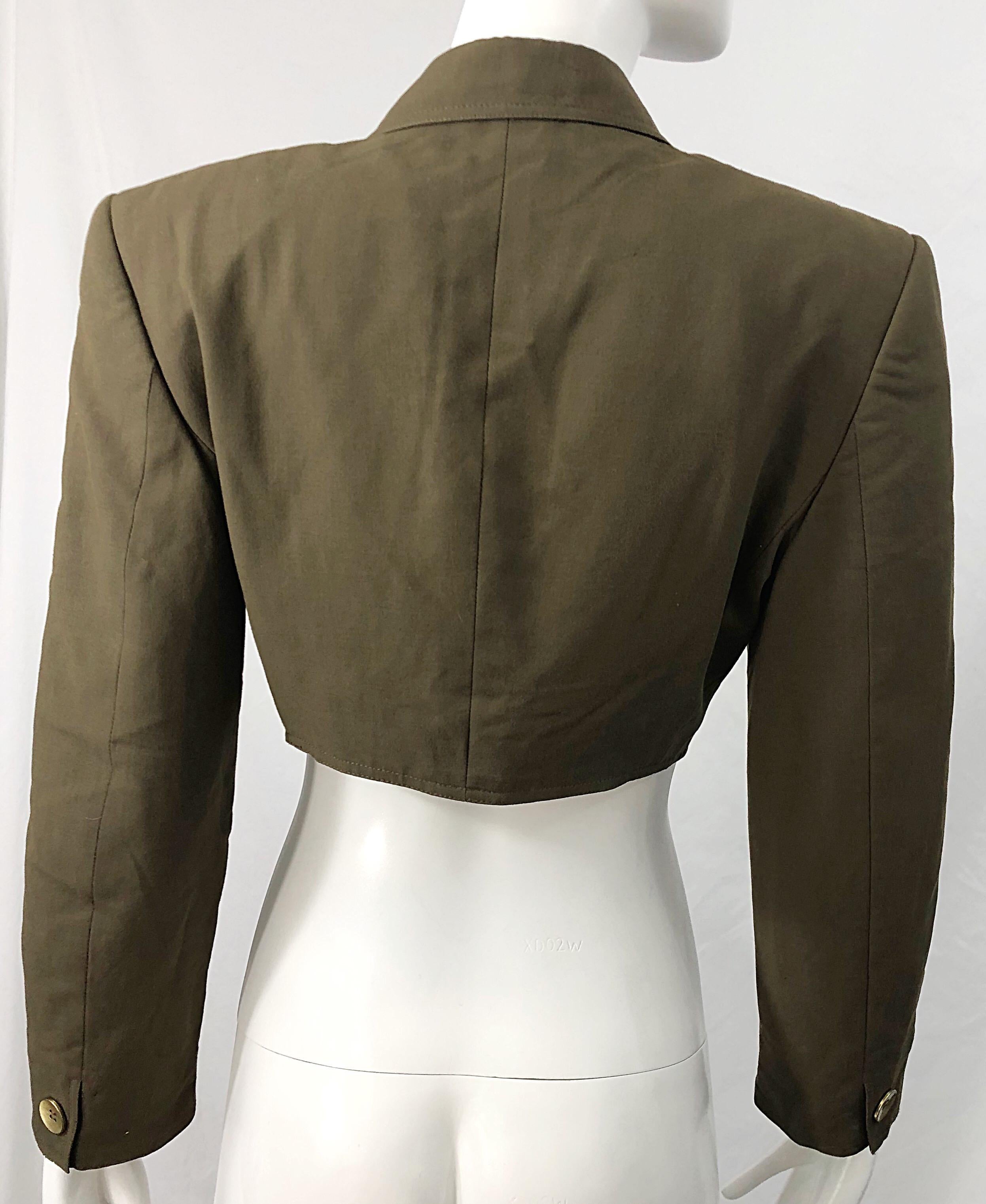 1990s Romeo Gigli Size 6 Army Green Rayon / Wool Vintage 90s Cropped Jacket For Sale 1