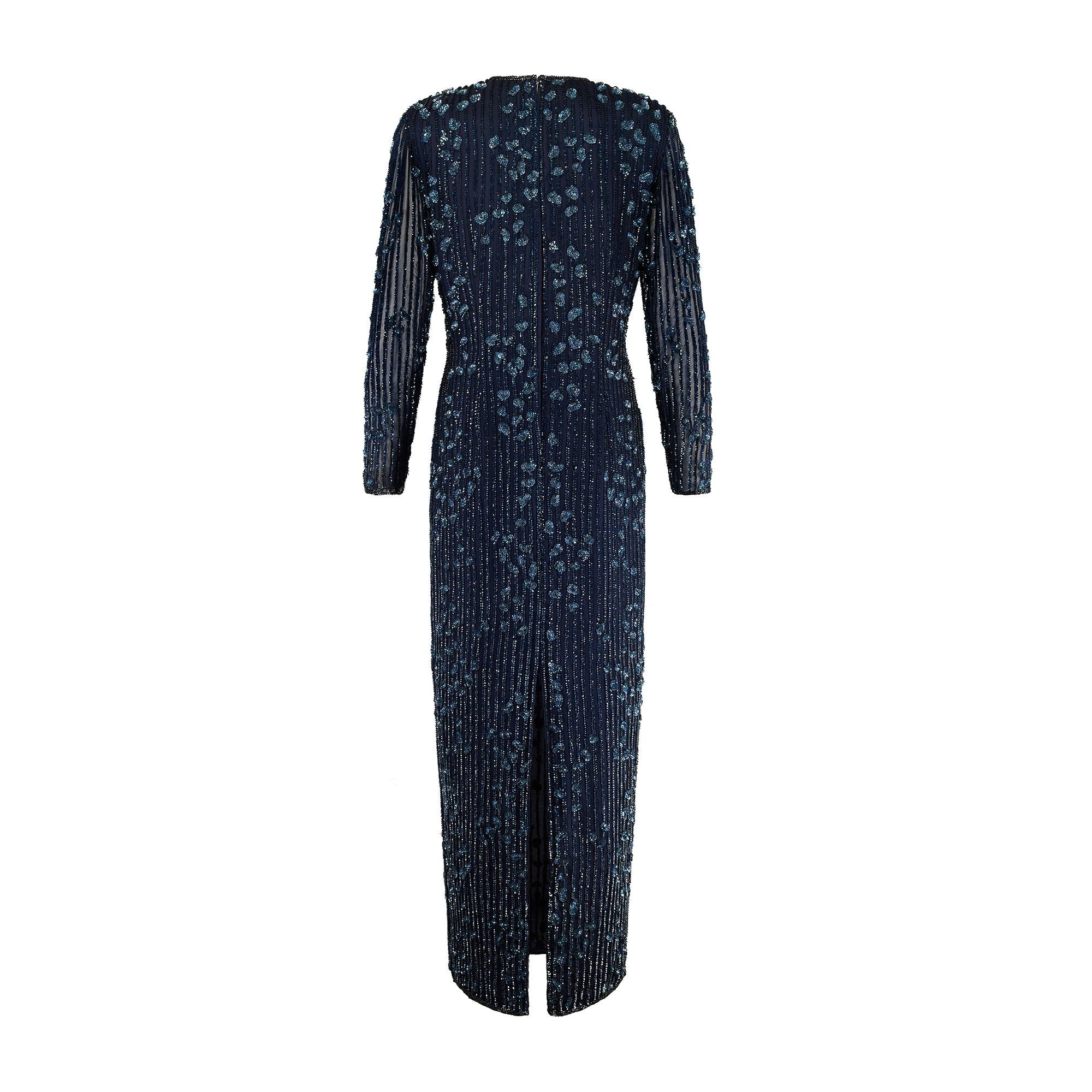 Black 1990s Roots Navy and Blue Sequin Long-Sleeve Maxi-Dress For Sale