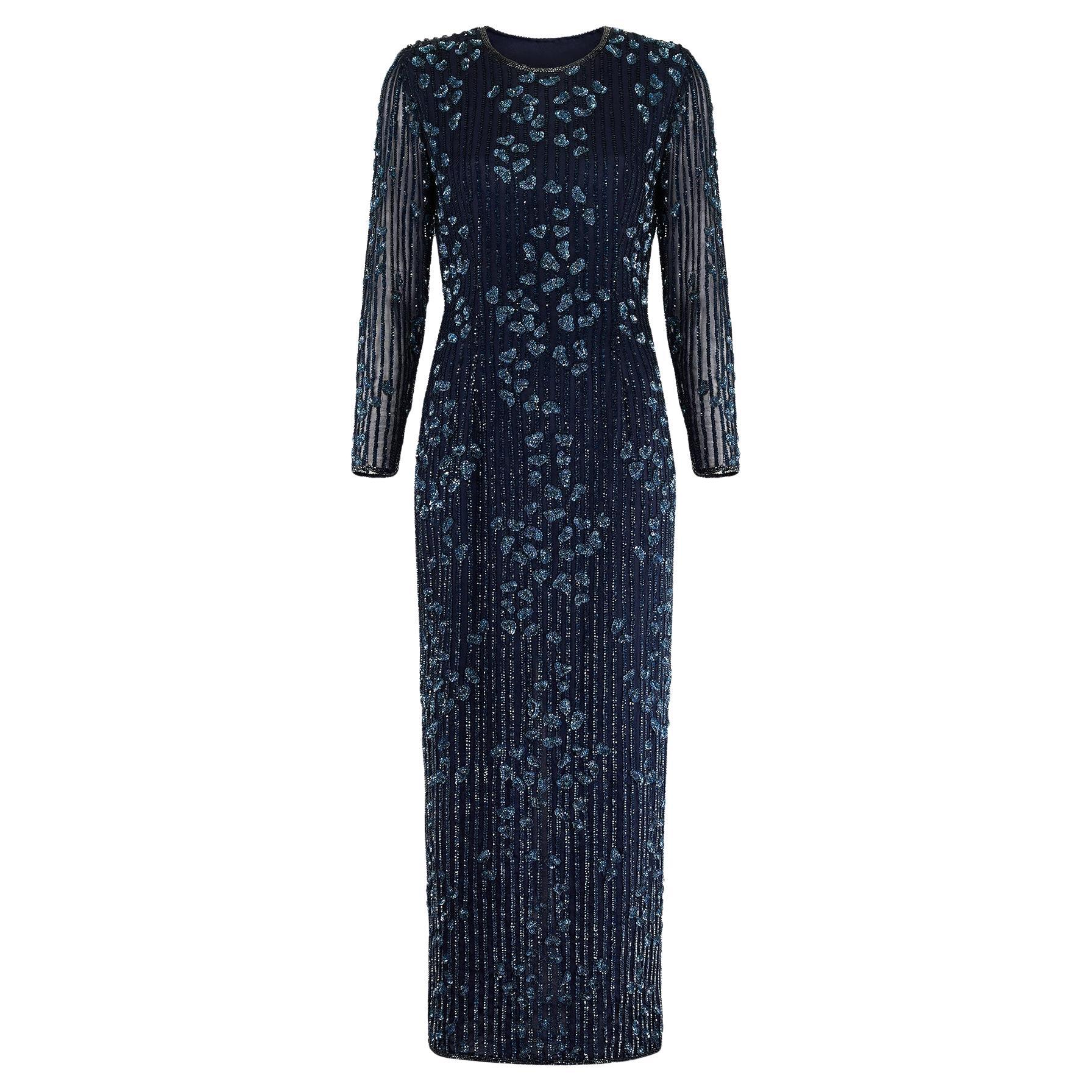 1990s Roots Navy and Blue Sequin Long-Sleeve Maxi-Dress For Sale