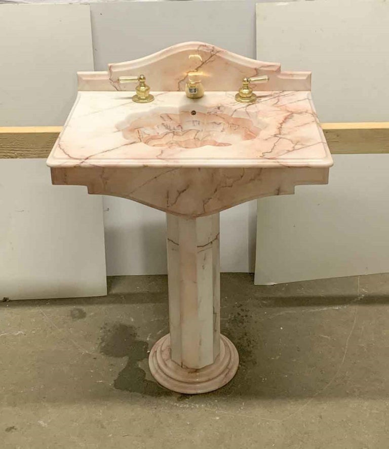 1990s Rose Colored Marble Pedestal Sink with Fluted Base and Arched