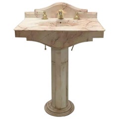 Retro 1990s Rose Colored Marble Pedestal Sink with Fluted Base and Arched Backsplash