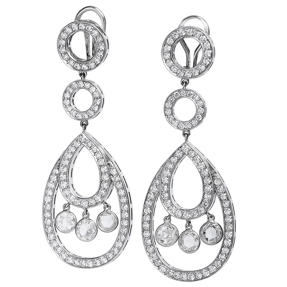 Moderne 1990's Diamant taillé en rose Boucles d'oreilles pendantes en or blanc 18k en vente