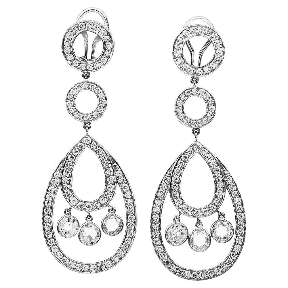 1990's Rose Cut Diamond 18k White Gold Dangle Drop Clip Earrings