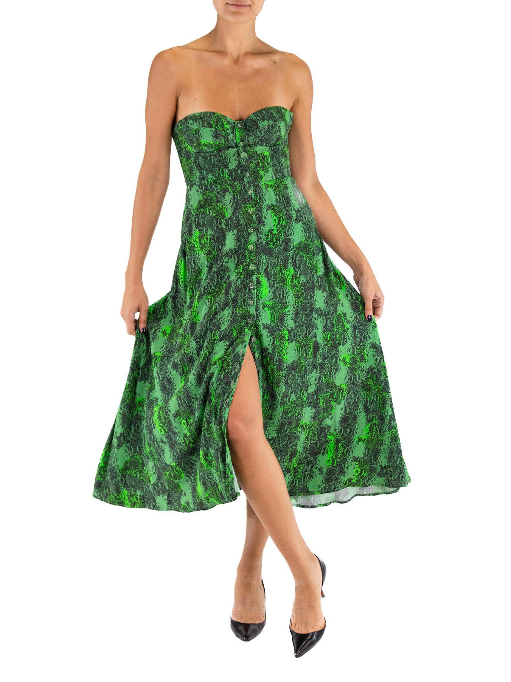 1990S ROTATE Green Rayon  Snake Print Strapless Bustier Dress With Pockets For Sale 1