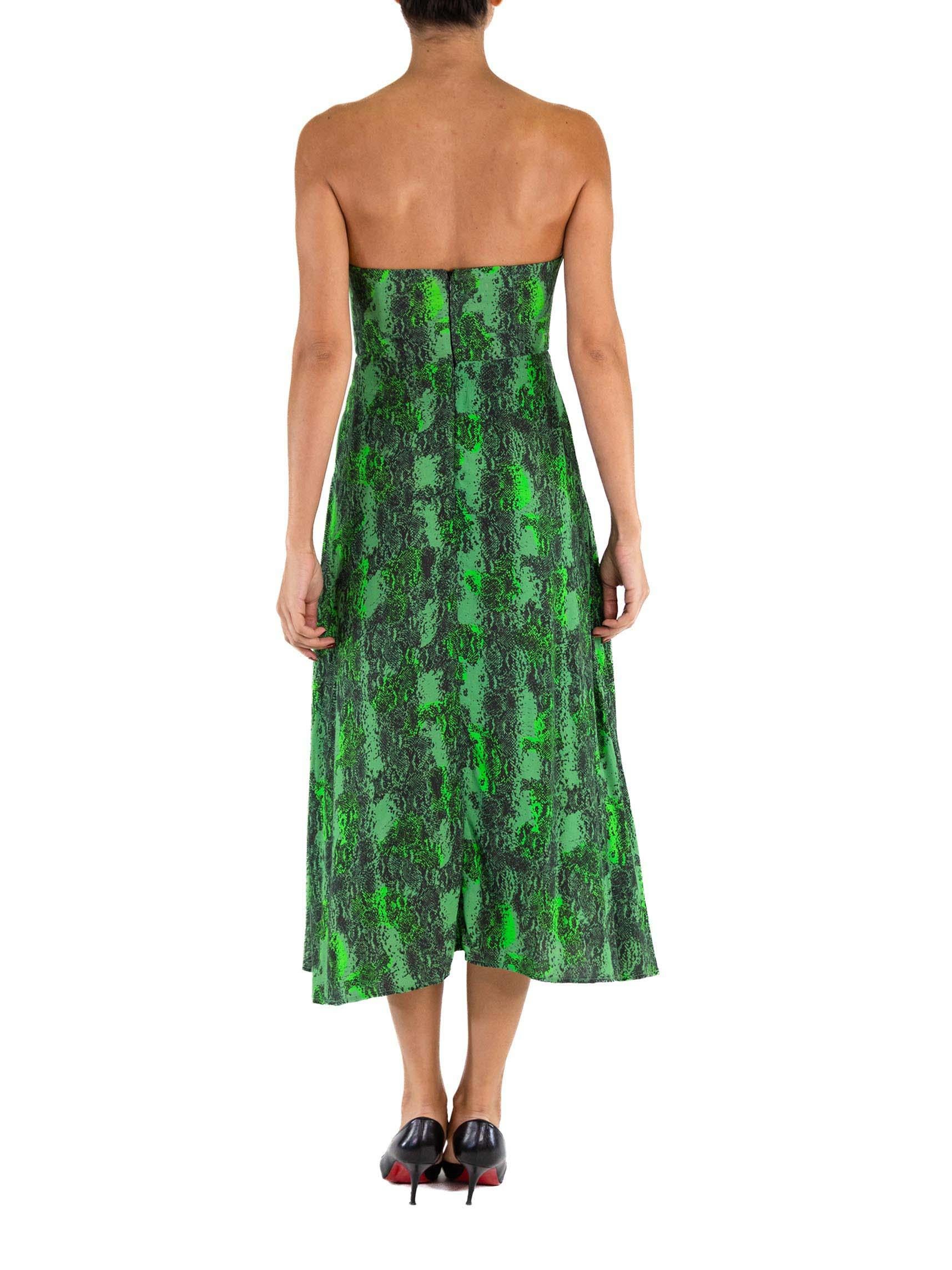1990S ROTATE Green Rayon  Snake Print Strapless Bustier Dress With Pockets For Sale 1