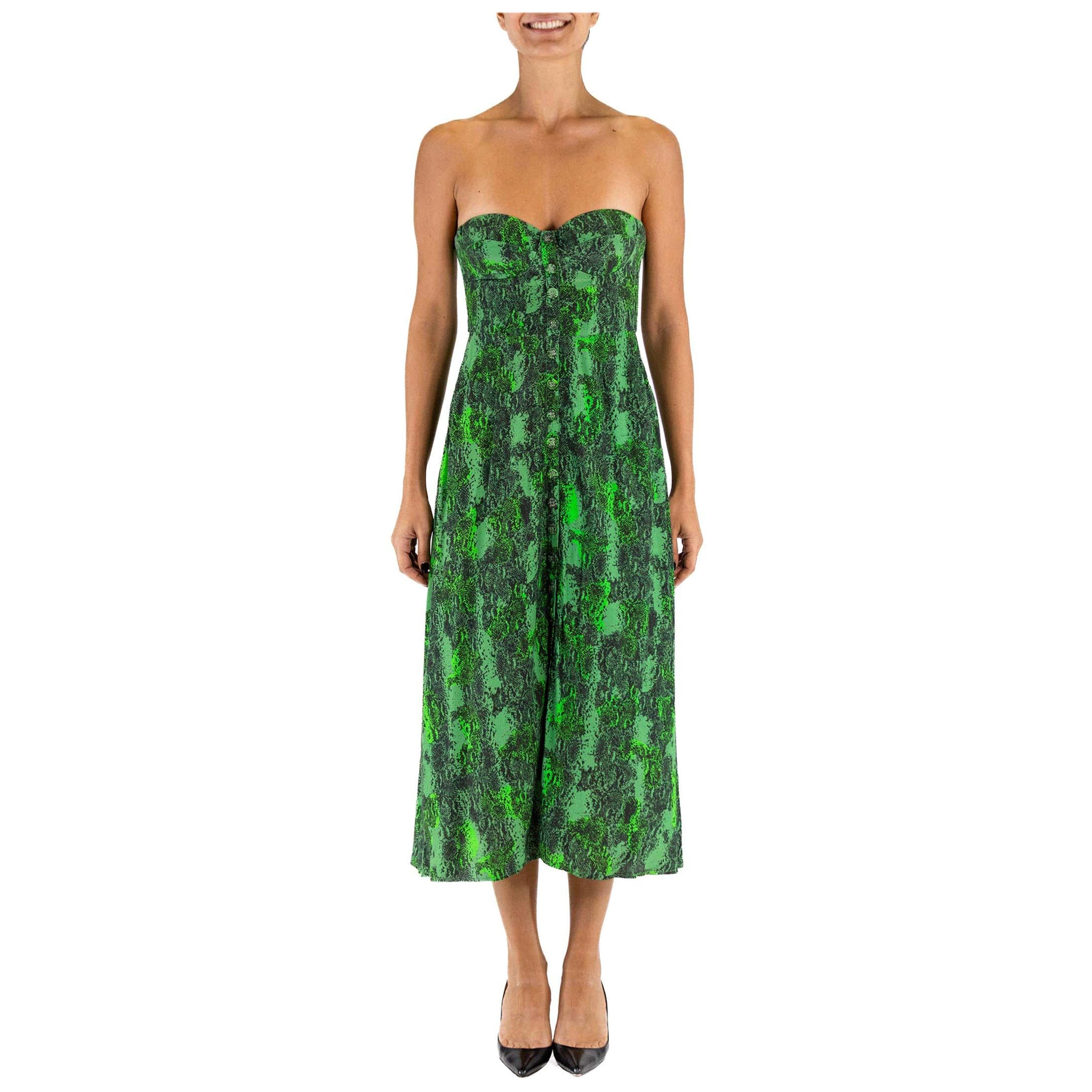 1990S ROTATE Green Rayon  Snake Print Strapless Bustier Dress With Pockets For Sale