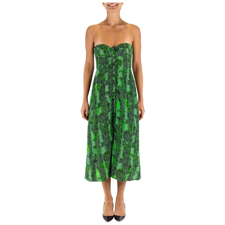 1990s Rotate Green Rayon Snake Print Strapless Bustier Dress with Pockets