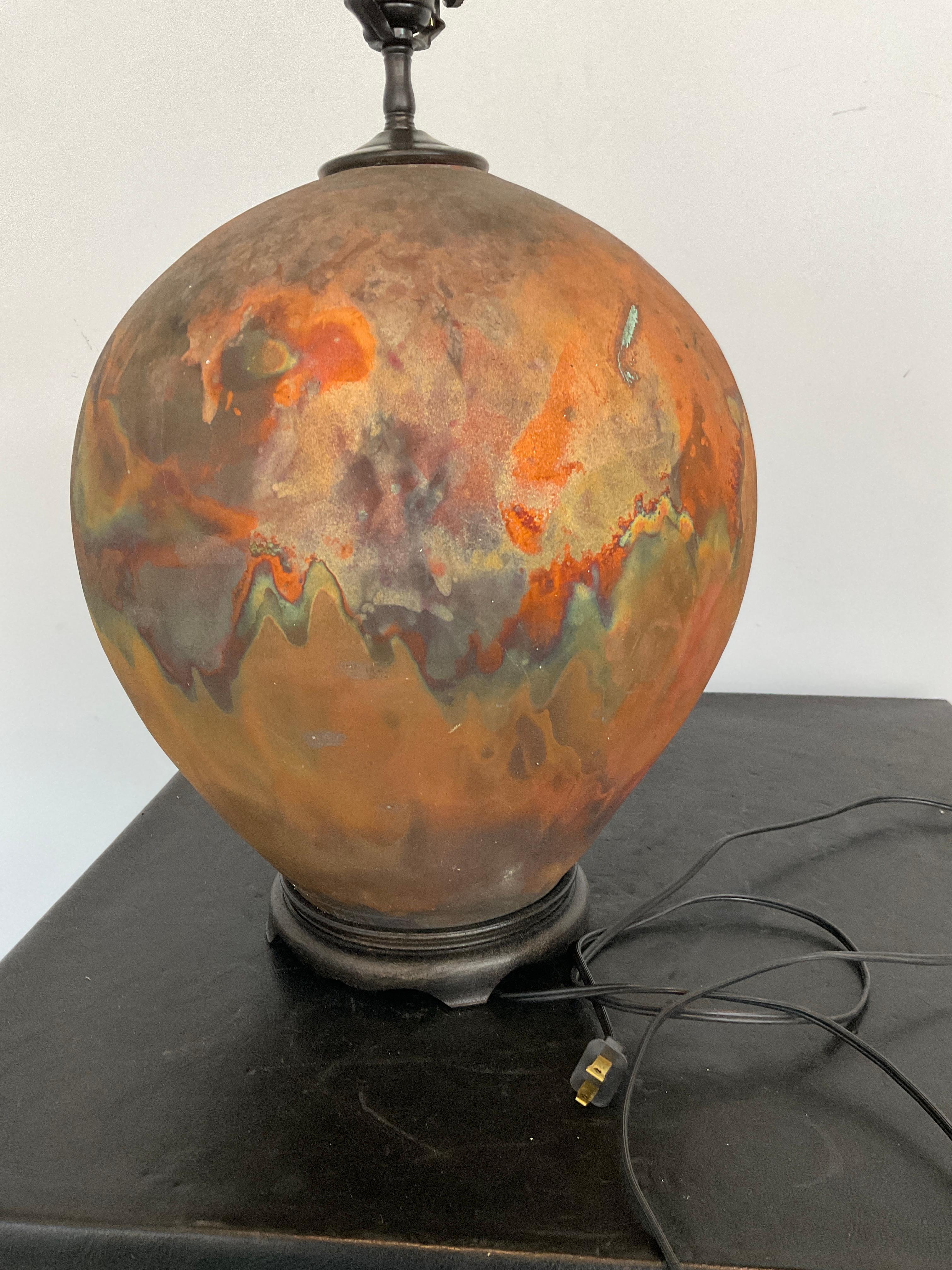 1990s Round Ceramic Raku Multi Color Orange Lamps For Sale 6