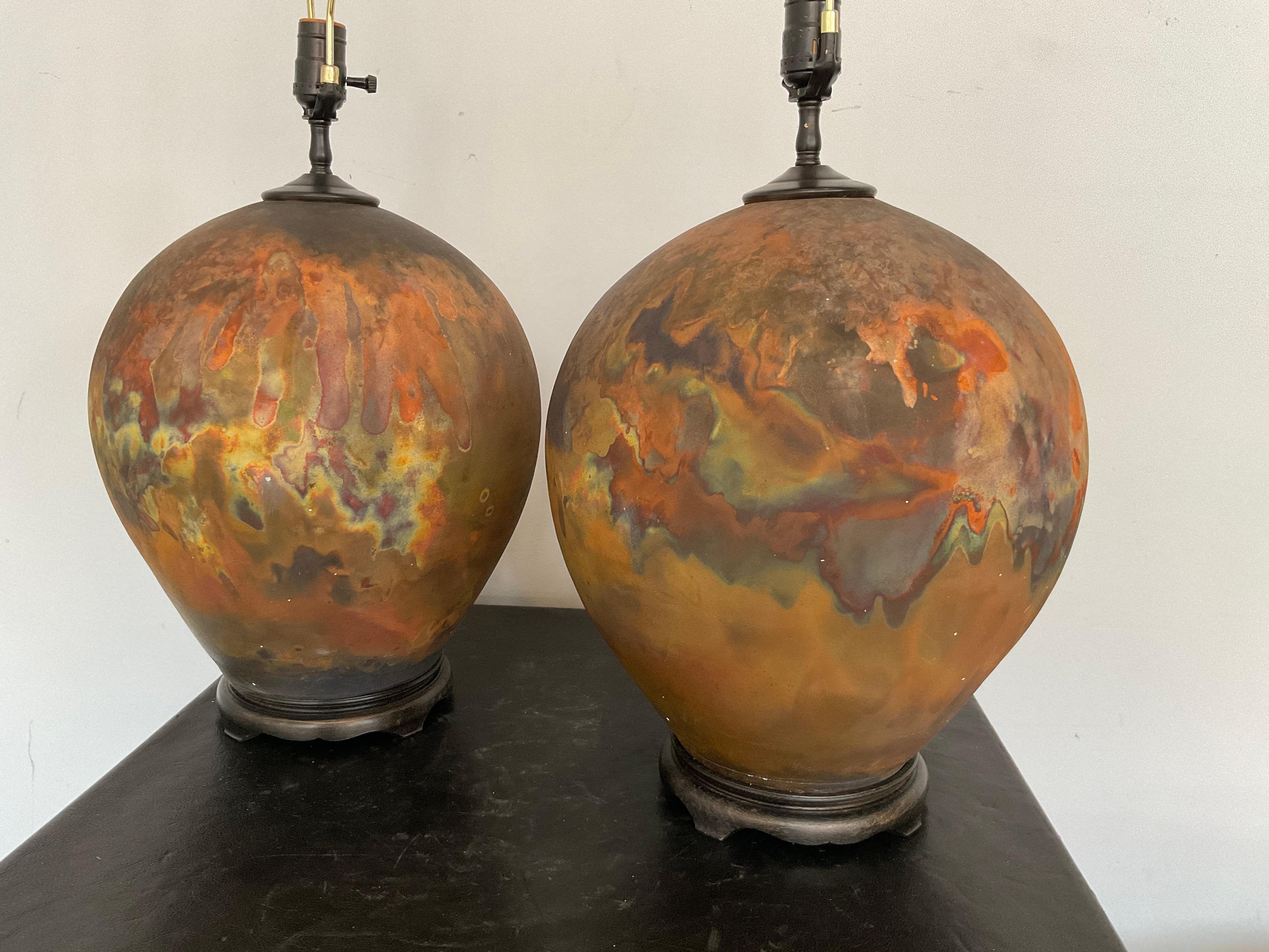 1990s Round Ceramic Raku Multi Color Orange Lamps In Good Condition For Sale In Tarrytown, NY