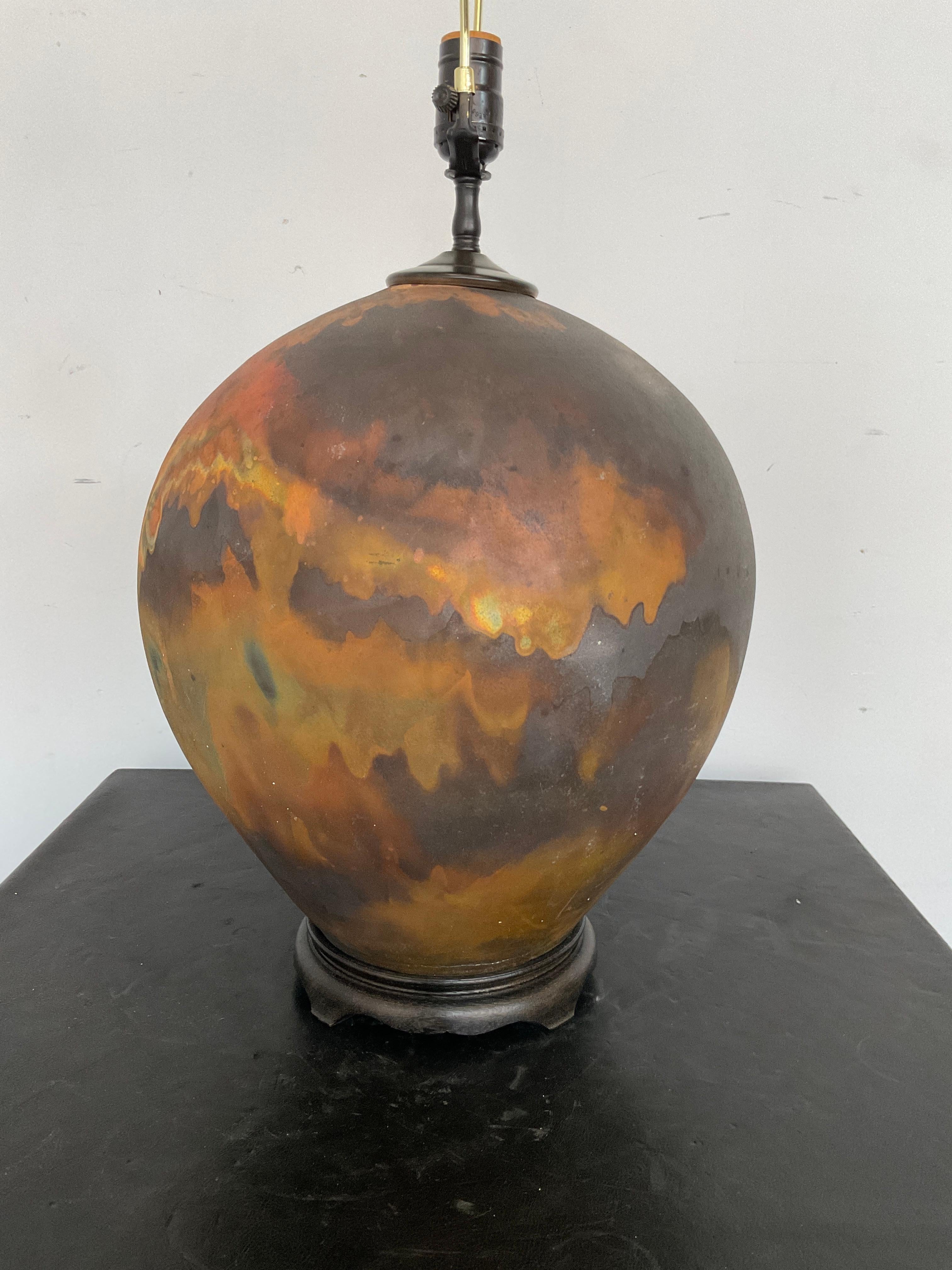 1990s Round Ceramic Raku Multi Color Orange Lamps For Sale 2