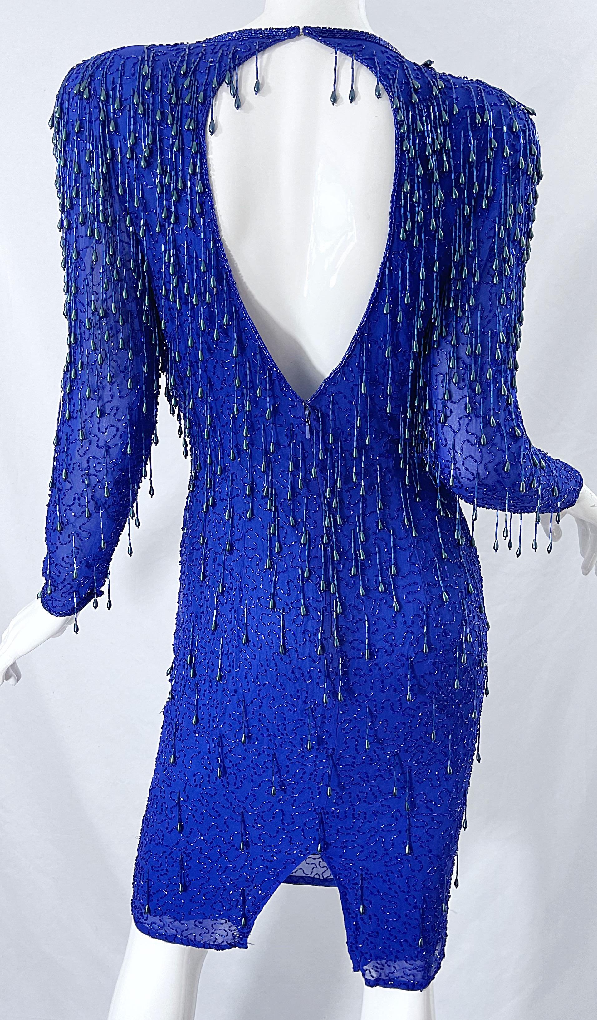 1990s Royal Blue Silk Chiffon Beaded Sequin Open Back Vintage 90s Dress Gatsby For Sale 5