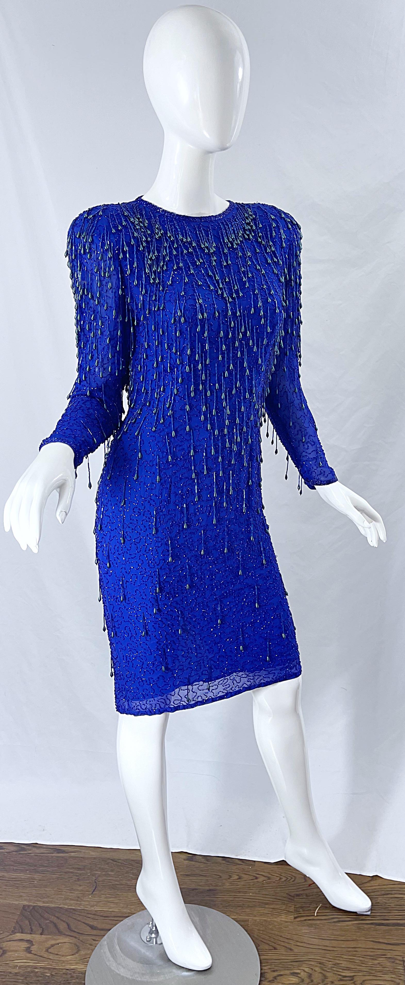 1990s Royal Blue Silk Chiffon Beaded Sequin Open Back Vintage 90s Dress Gatsby For Sale 6