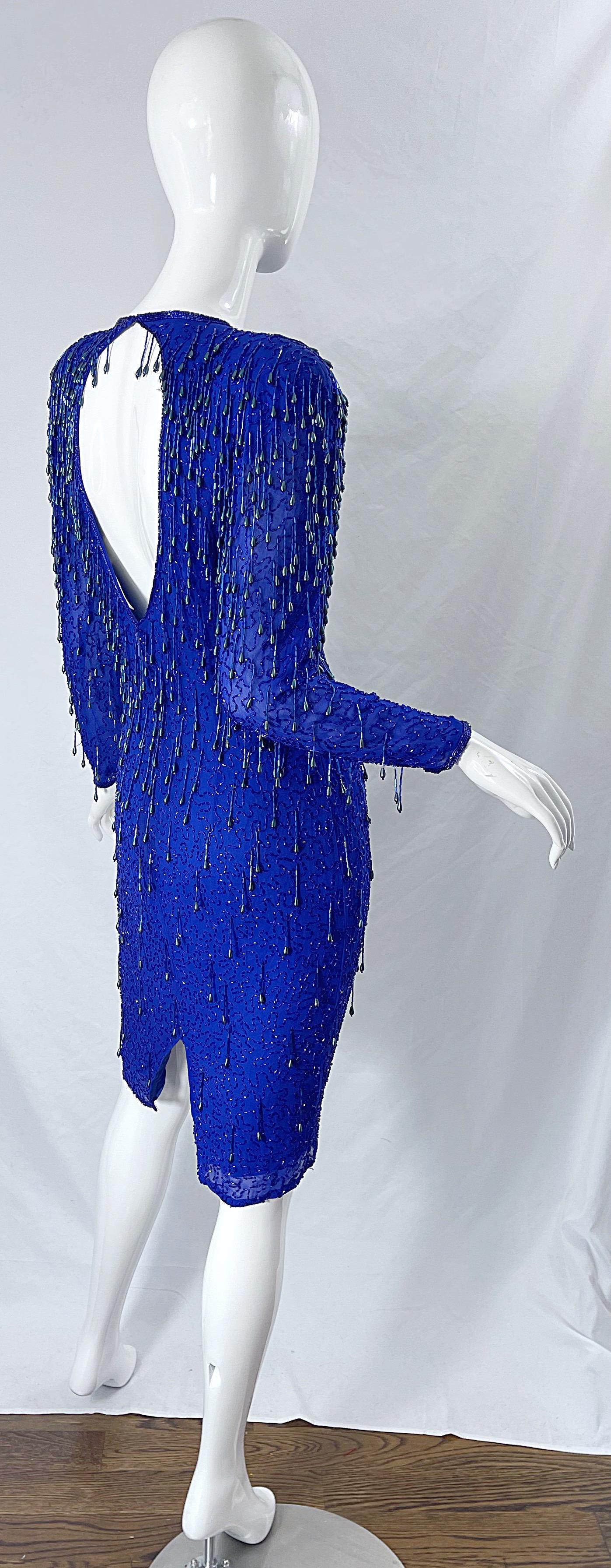 1990s Royal Blue Silk Chiffon Beaded Sequin Open Back Vintage 90s Dress Gatsby For Sale 7