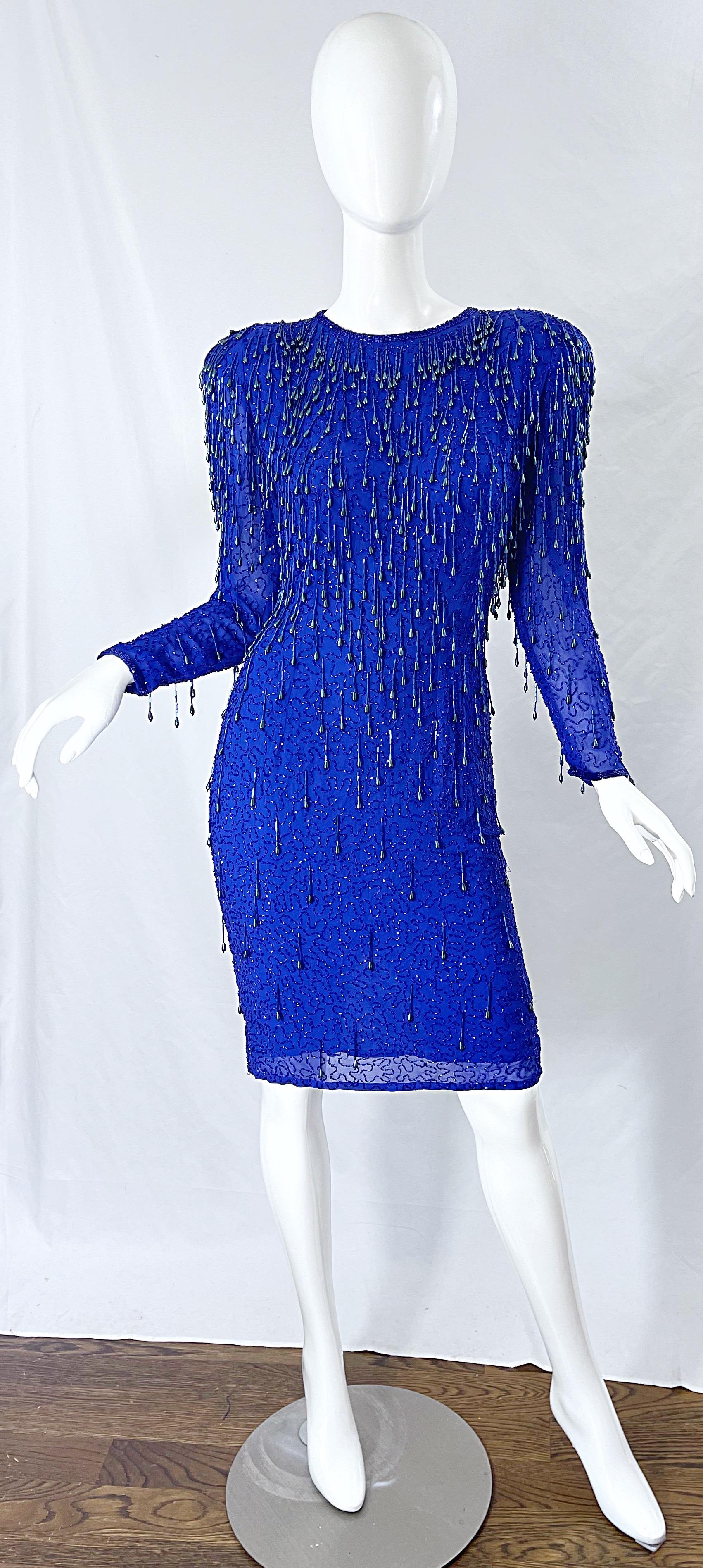 1990s Royal Blue Silk Chiffon Beaded Sequin Open Back Vintage 90s Dress Gatsby For Sale 8