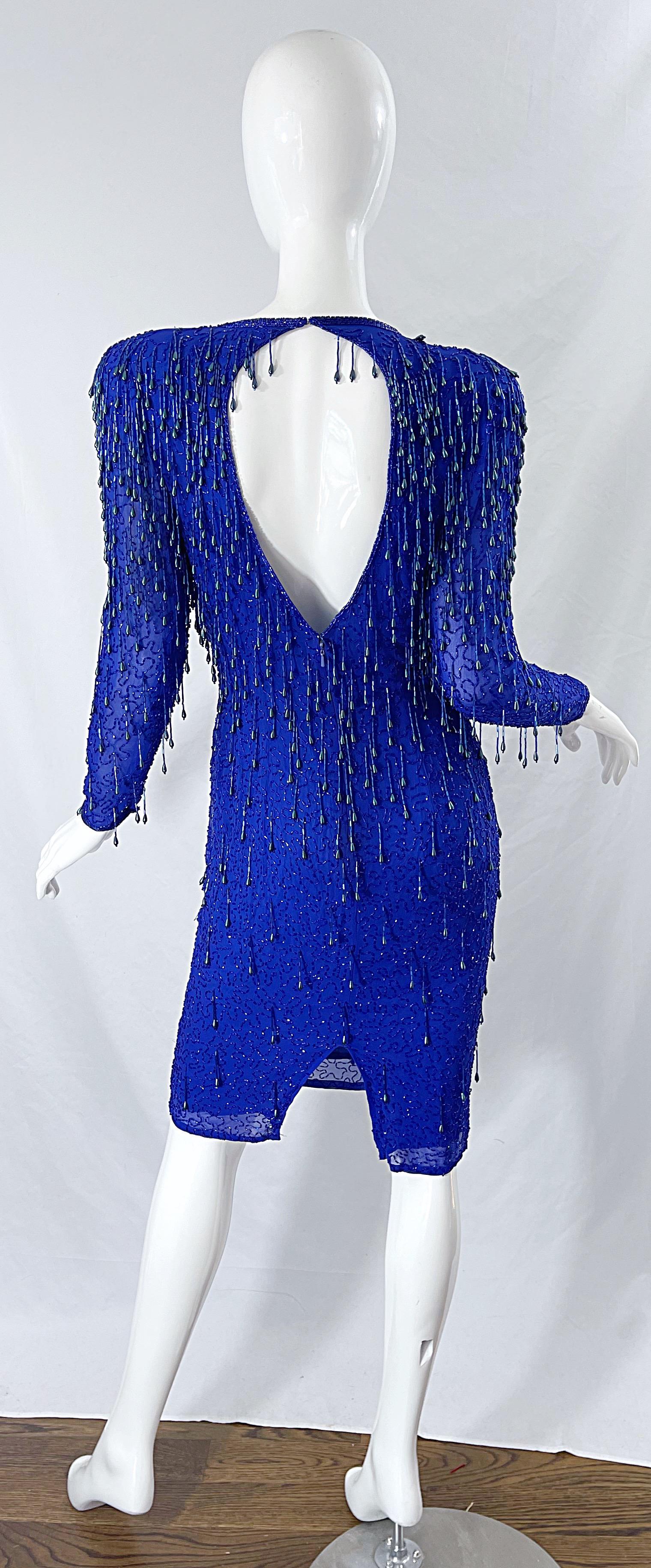 1990s Royal Blue Silk Chiffon Beaded Sequin Open Back Vintage 90s Dress Gatsby In Excellent Condition For Sale In San Diego, CA
