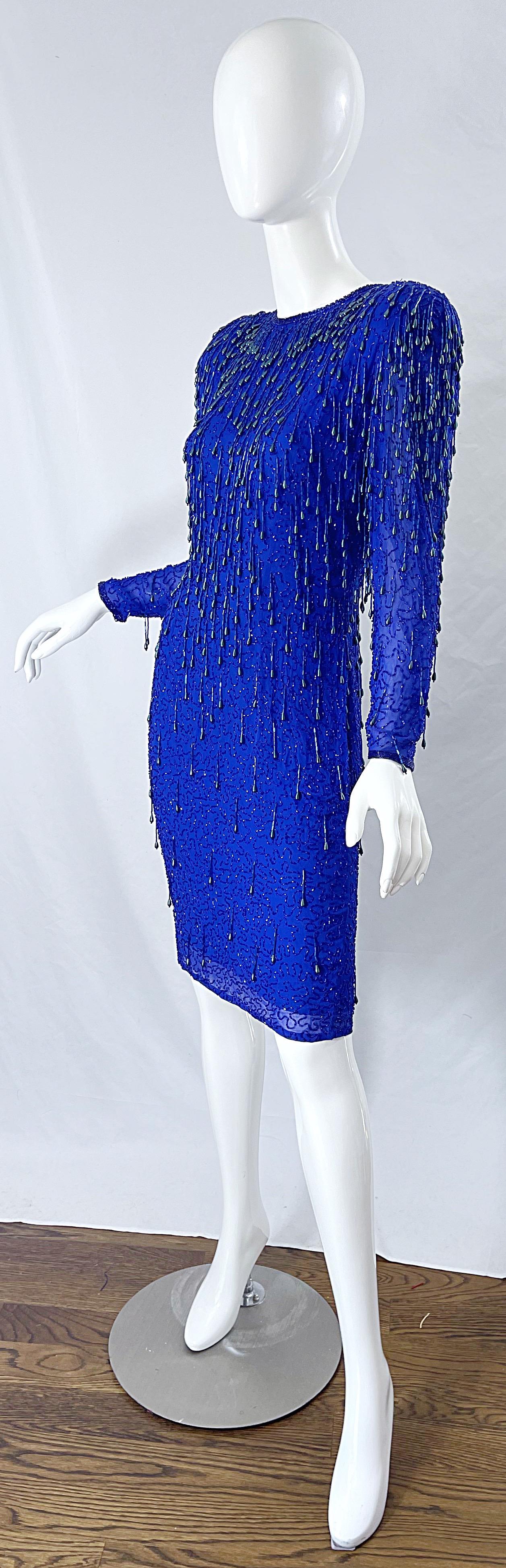 Women's 1990s Royal Blue Silk Chiffon Beaded Sequin Open Back Vintage 90s Dress Gatsby For Sale