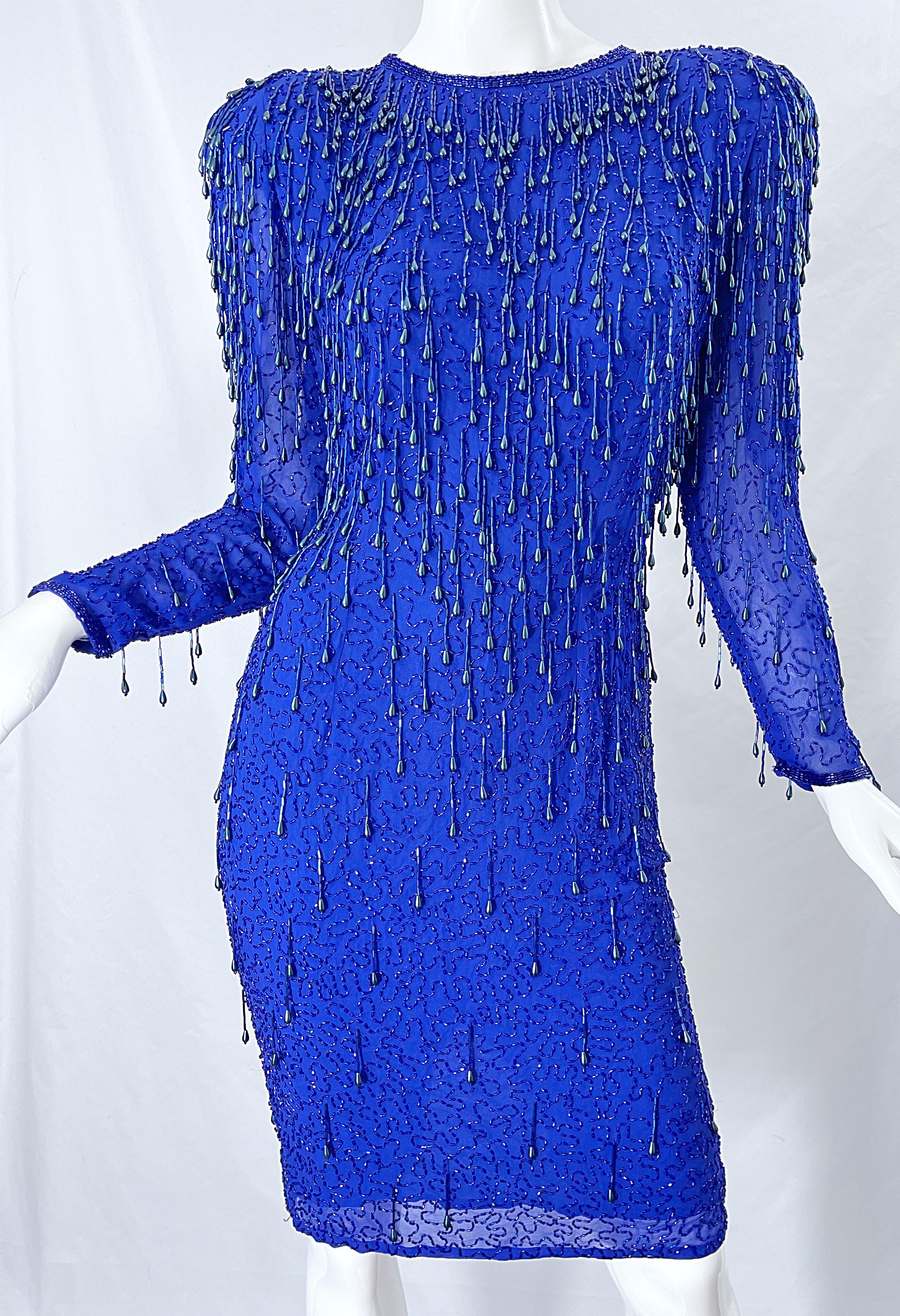 1990s Royal Blue Silk Chiffon Beaded Sequin Open Back Vintage 90s Dress Gatsby For Sale 1