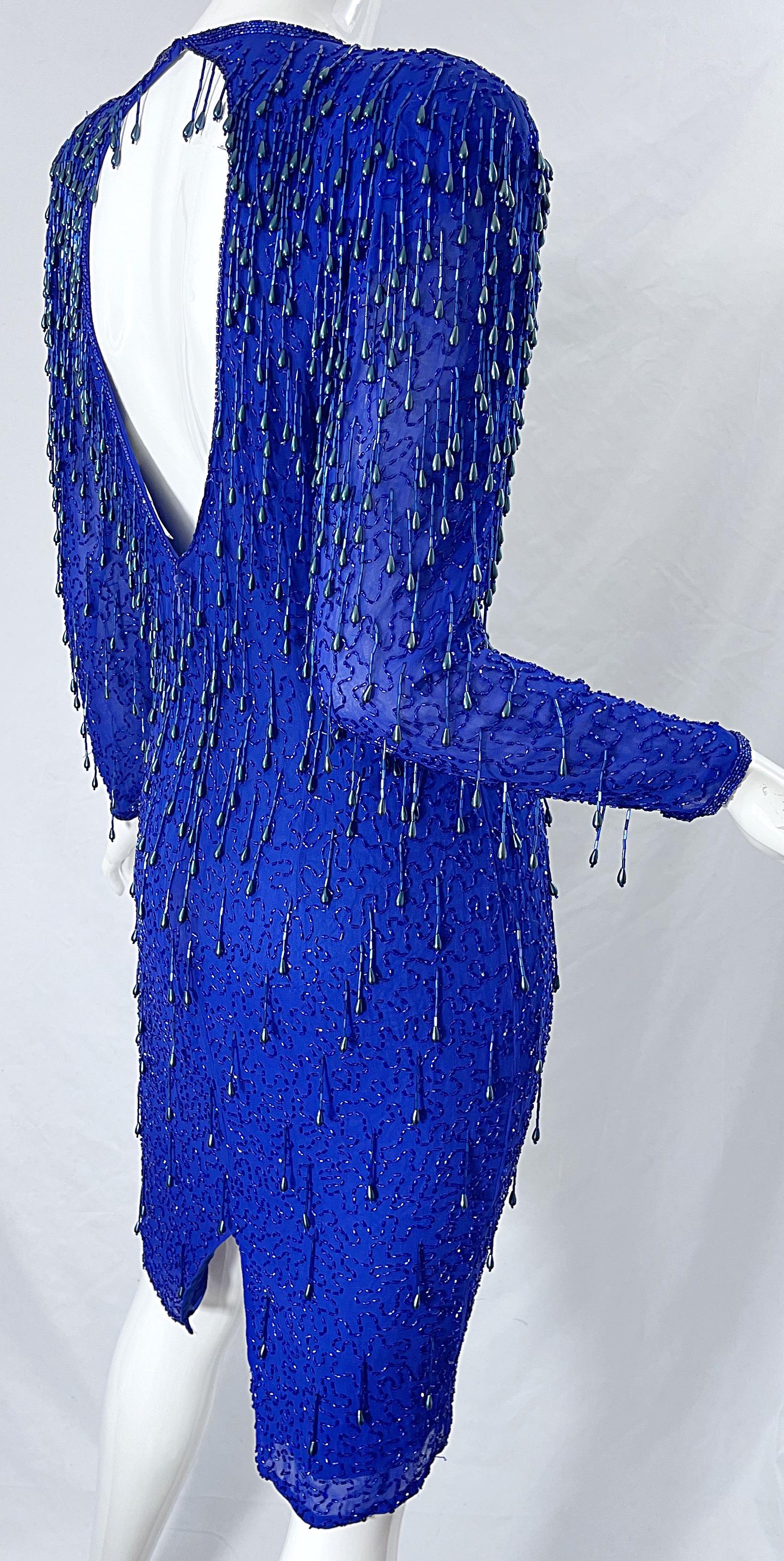 1990s Royal Blue Silk Chiffon Beaded Sequin Open Back Vintage 90s Dress Gatsby For Sale 2