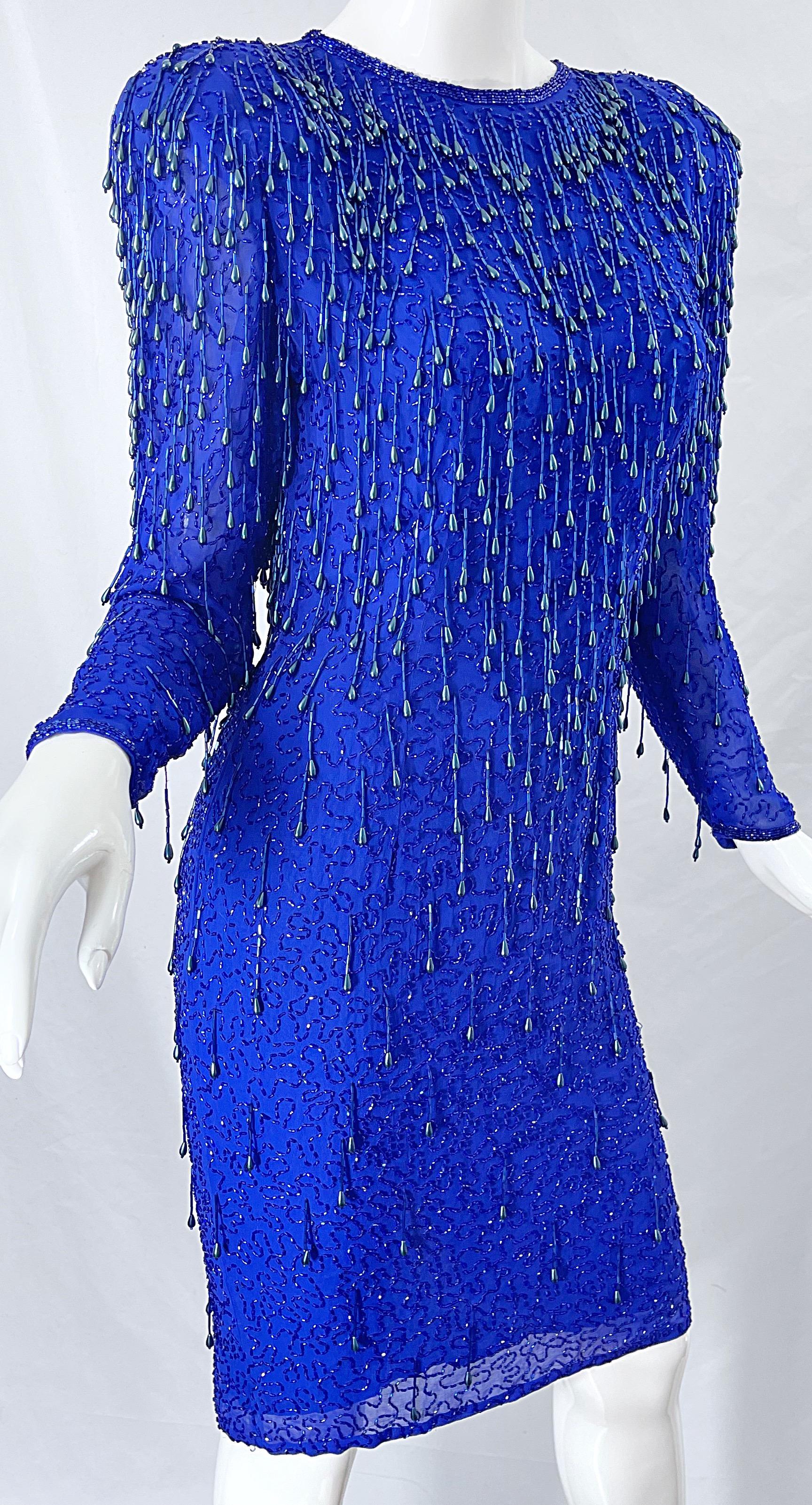 1990s Royal Blue Silk Chiffon Beaded Sequin Open Back Vintage 90s Dress Gatsby For Sale 3
