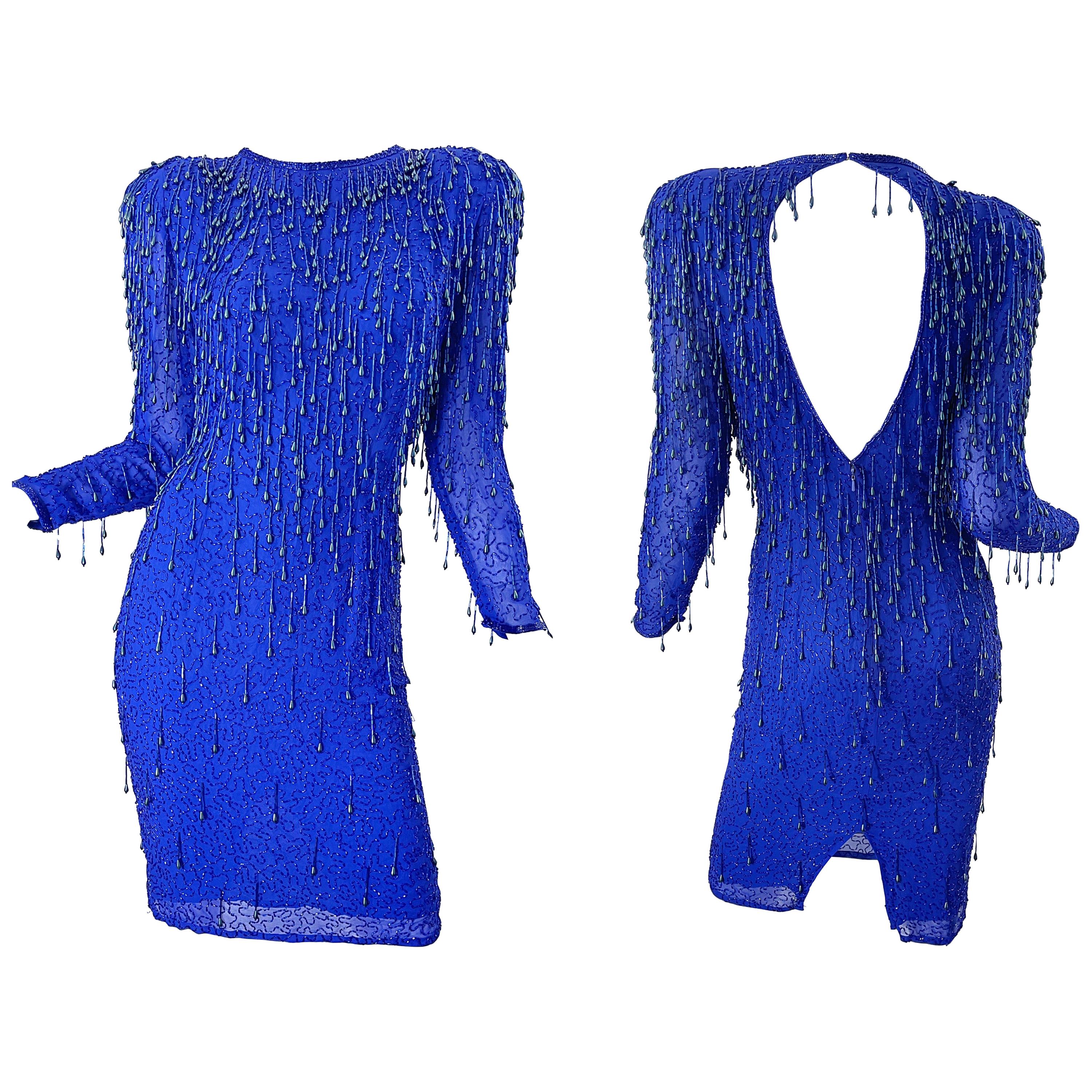 1990s Royal Blue Silk Chiffon Beaded Sequin Open Back Vintage 90s Dress Gatsby
