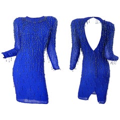 1990s Royal Blue Silk Chiffon Beaded Sequin Open Back Retro 90s Dress Gatsby