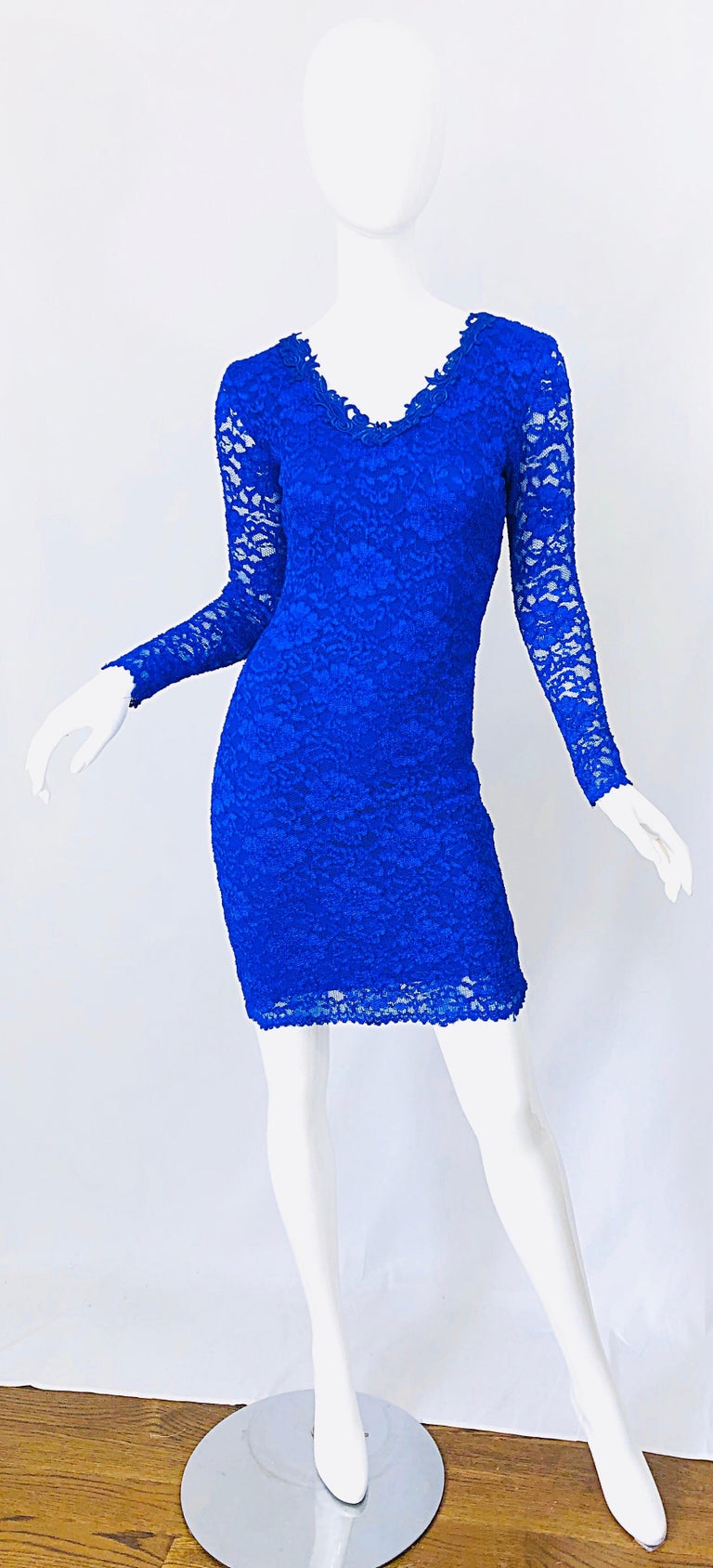 1990s Royal Cobalt Blue Lace Long Sleeve Floral Bodycon Vintage 90s Dress