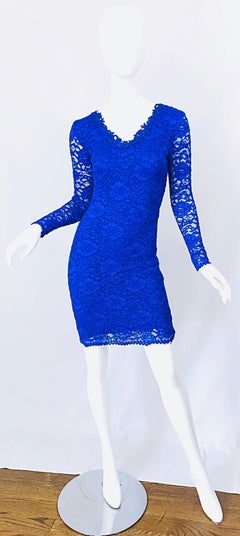 1990s Royal Cobalt Blue Lace Long Sleeve Floral Bodycon Vintage 90s Dress