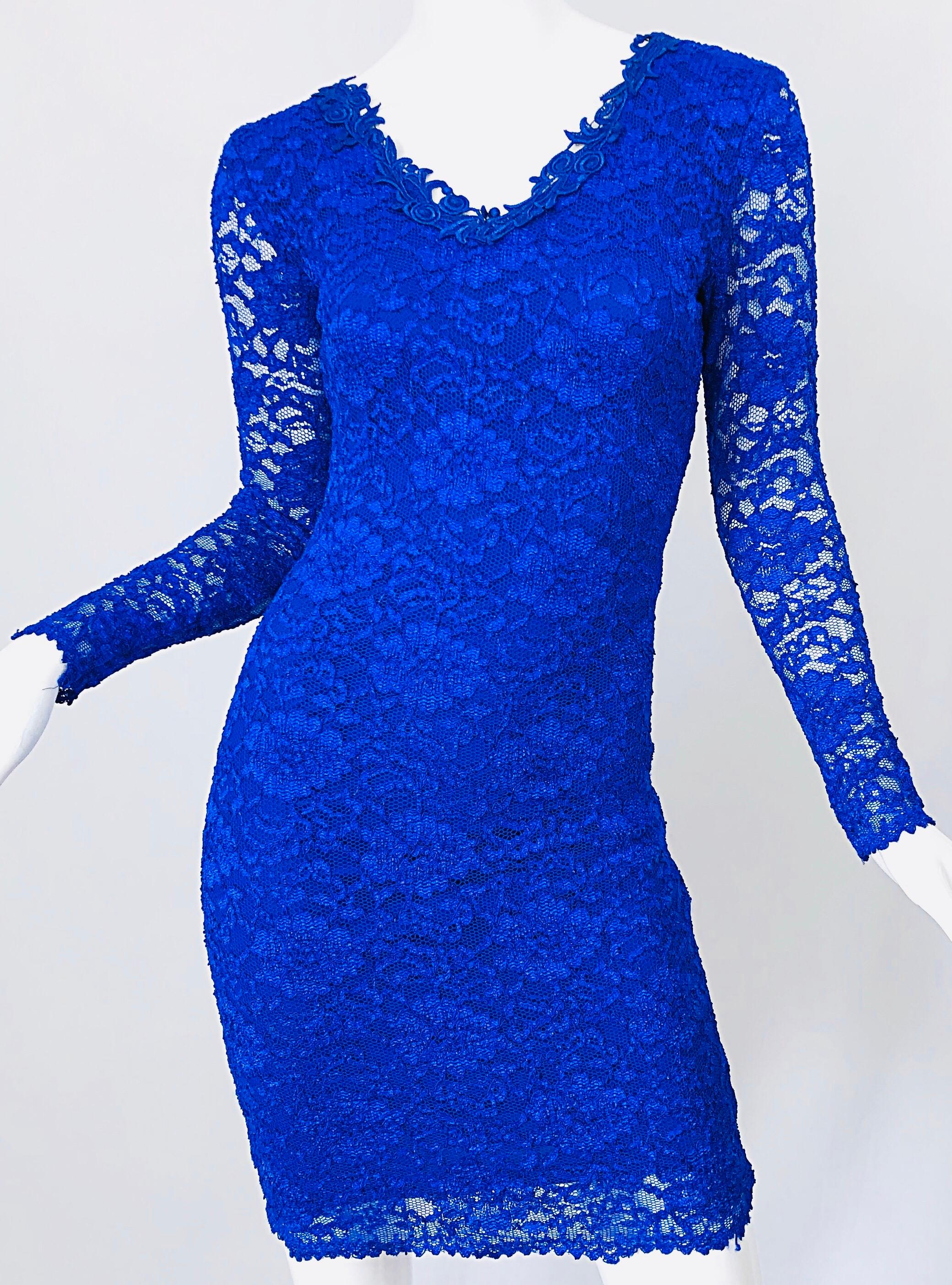 Women's 1990s Royal Cobalt Blue Lace Long Sleeve Floral Bodycon Vintage 90s Dress For Sale